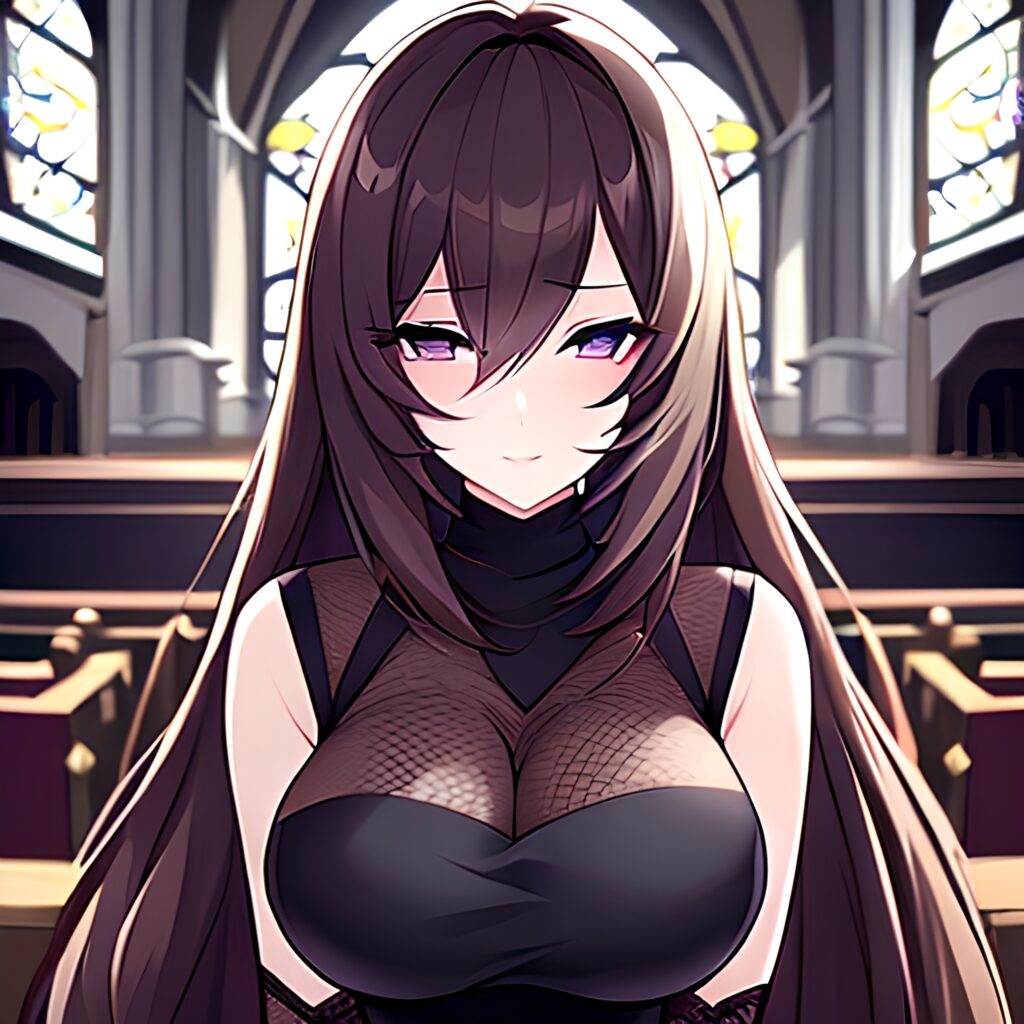 woman brunette messy hair fishnet church long hair 