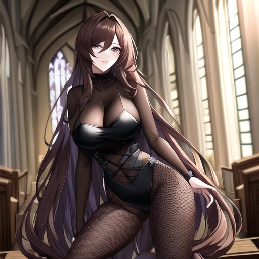 woman brunette messy hair fishnet church long hair 
