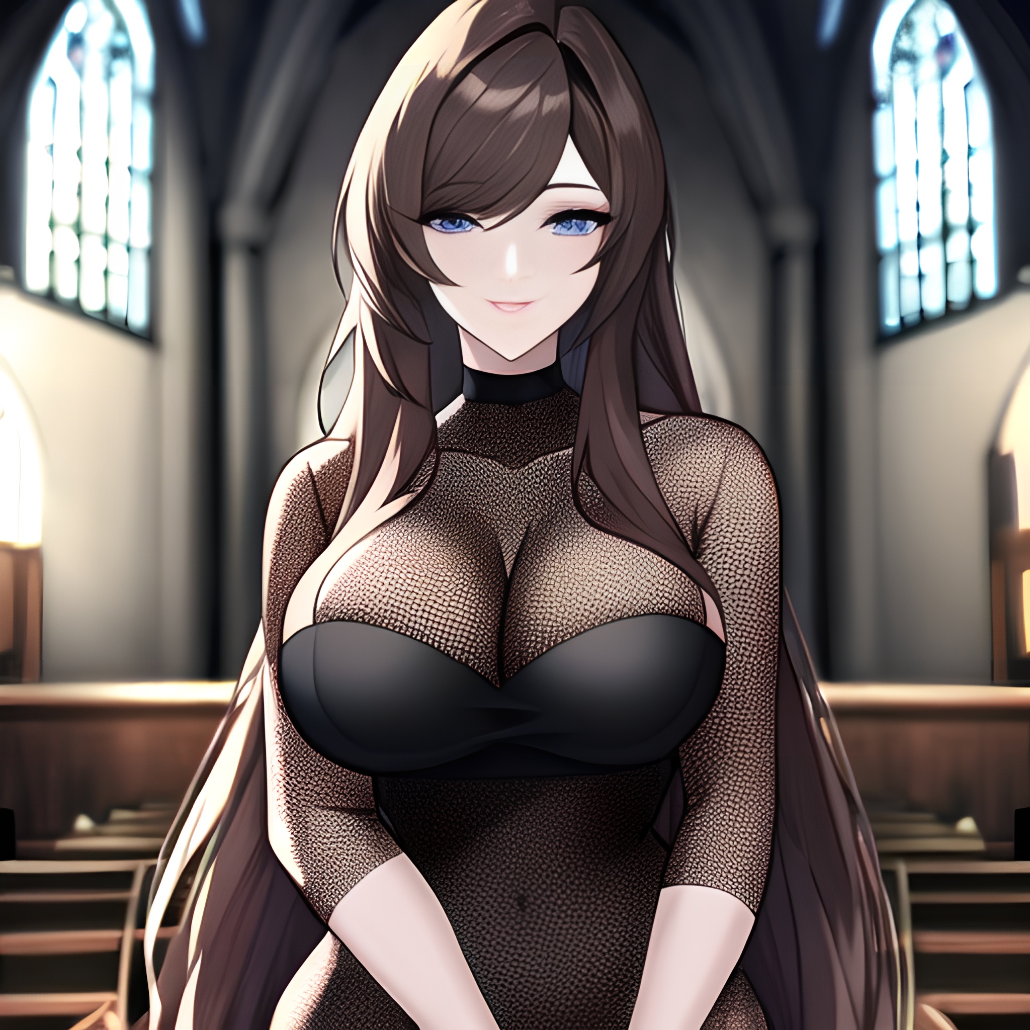 woman brunette messy hair fishnet long hair church 