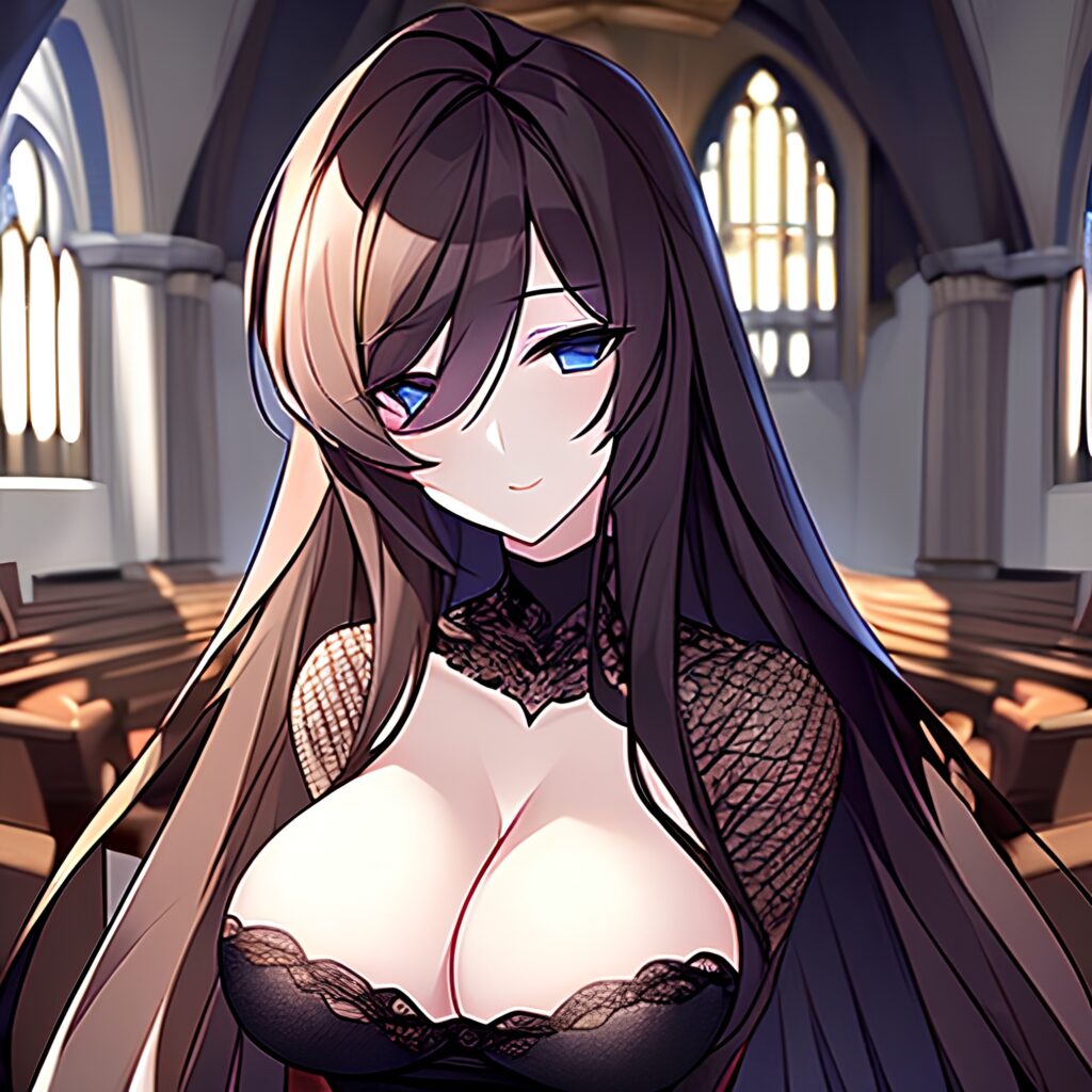 woman brunette messy hair fishnet long hair church 