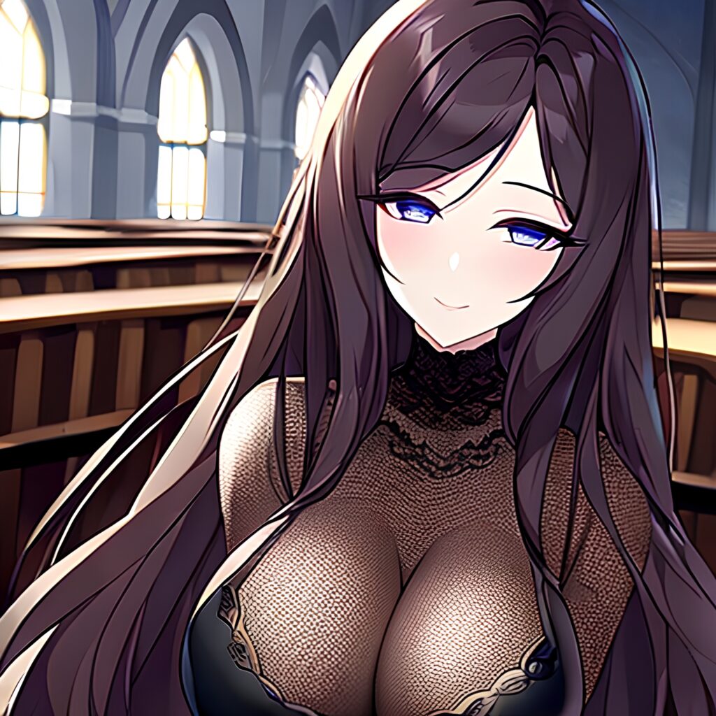 woman brunette messy hair fishnet long hair church