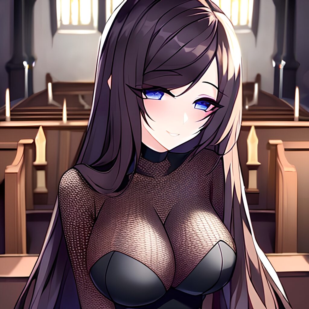 woman brunette messy hair long hair church fishnet 