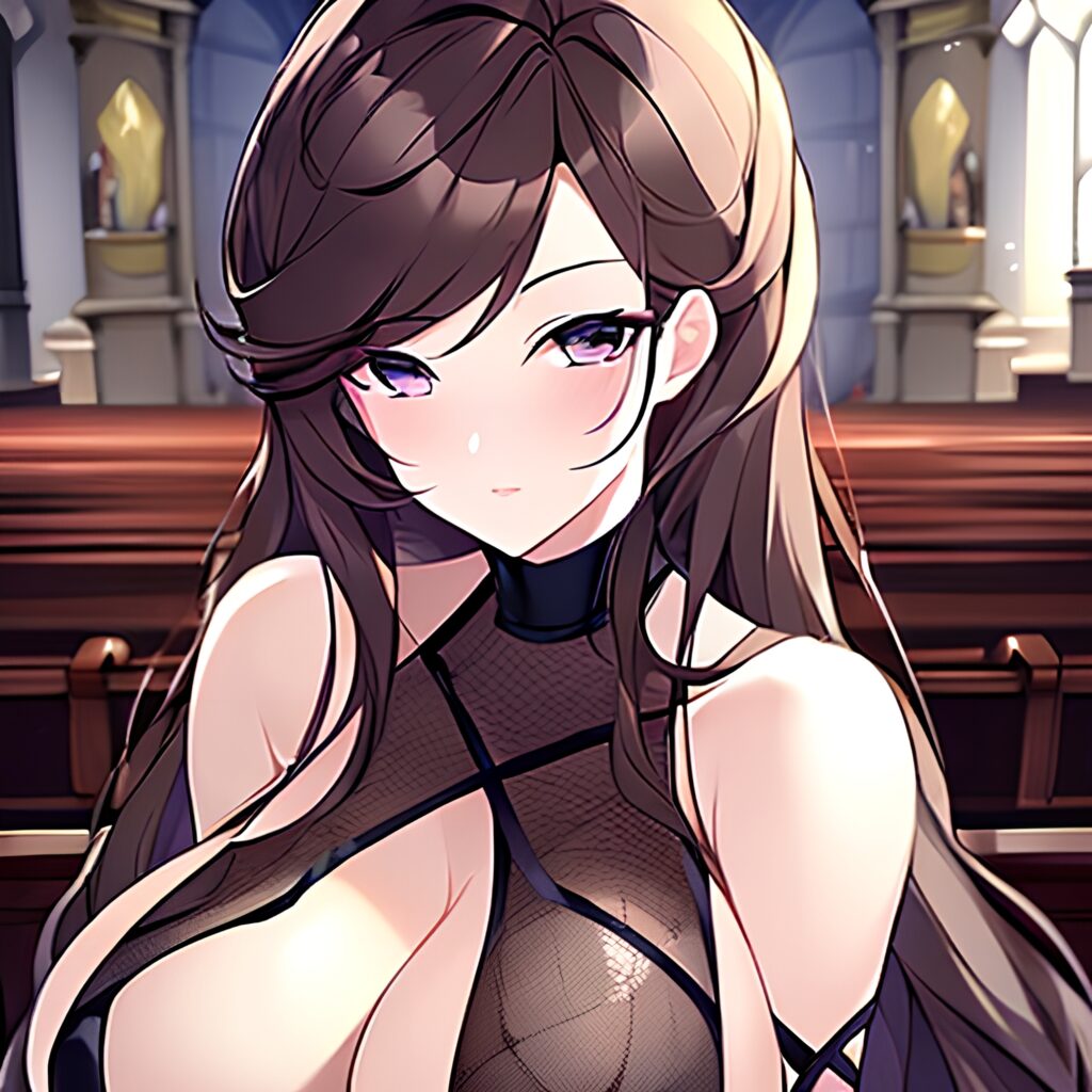 woman brunette messy hair long hair church fishnet 