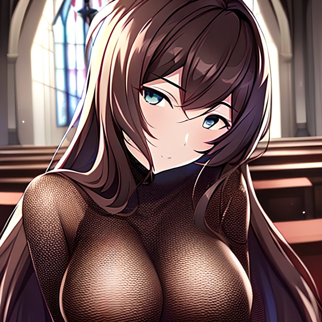 woman brunette messy hair long hair church fishnet 