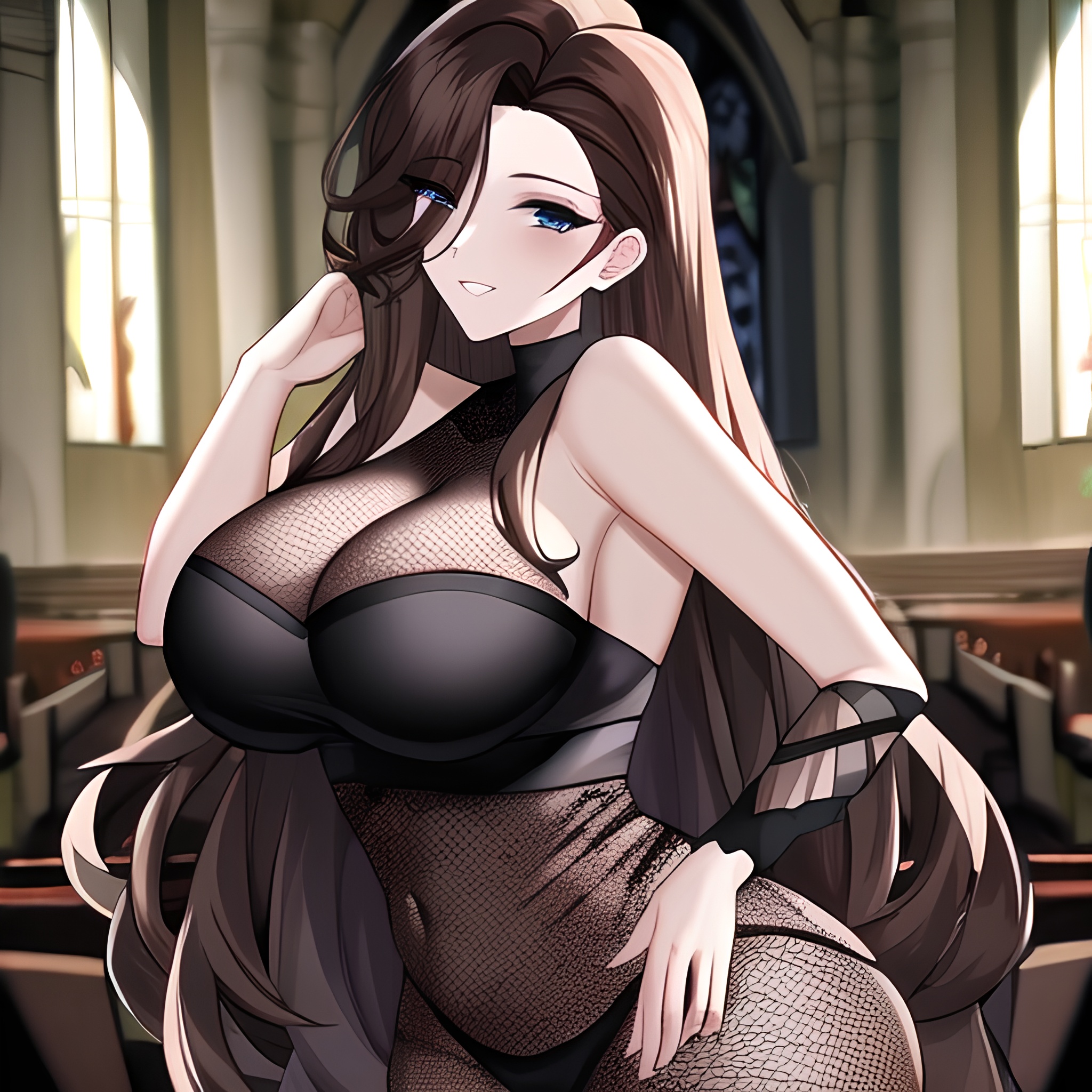 woman brunette messy hair long hair church fishnet 