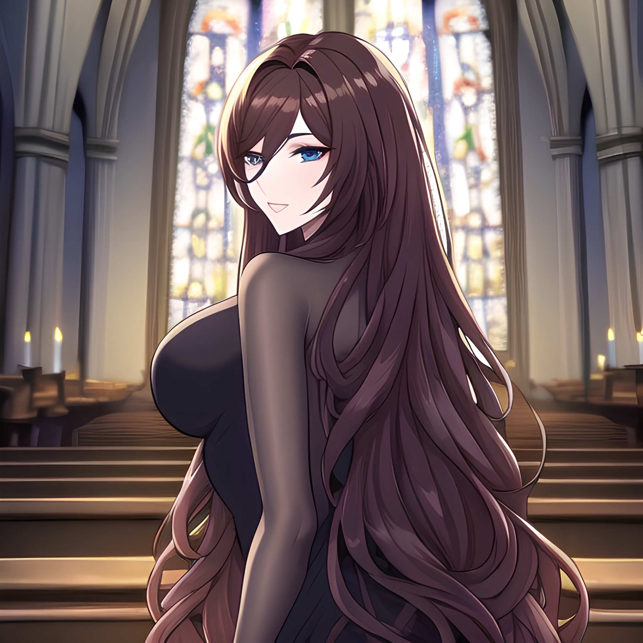 woman brunette messy hair long hair fishnet church 