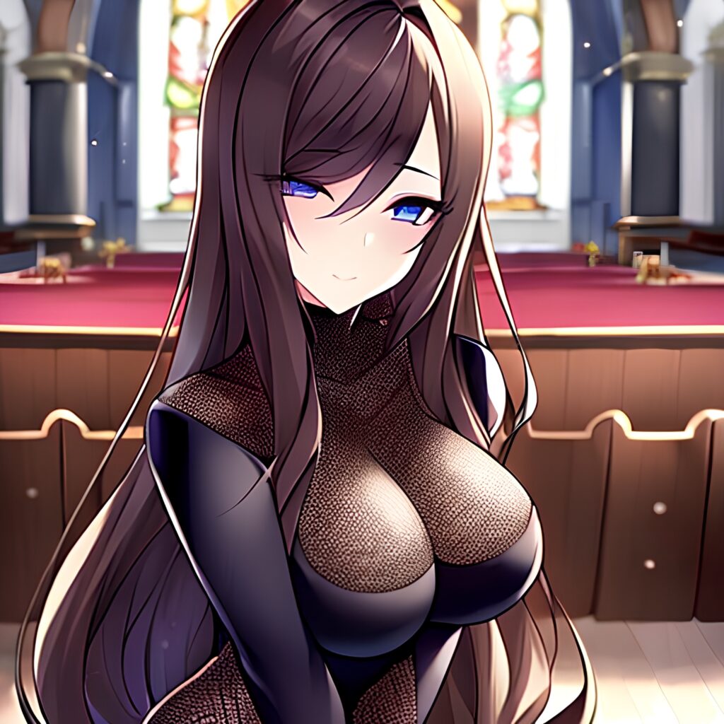 woman brunette messy hair long hair fishnet church 