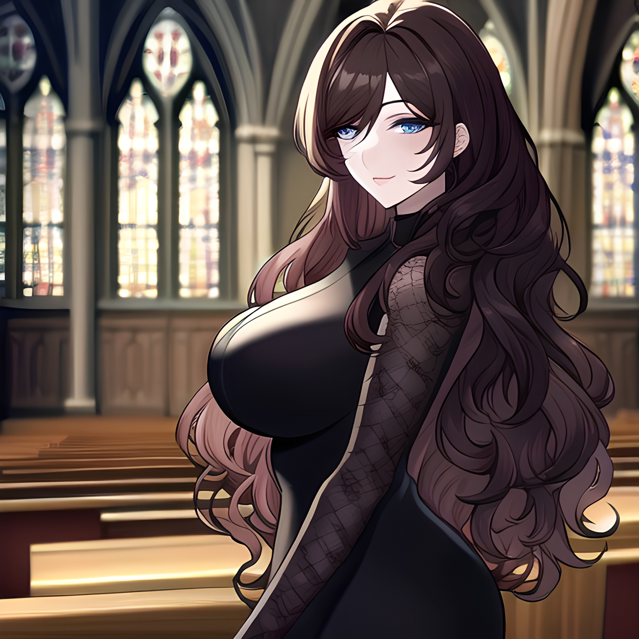 woman brunette messy hair long hair fishnet church 