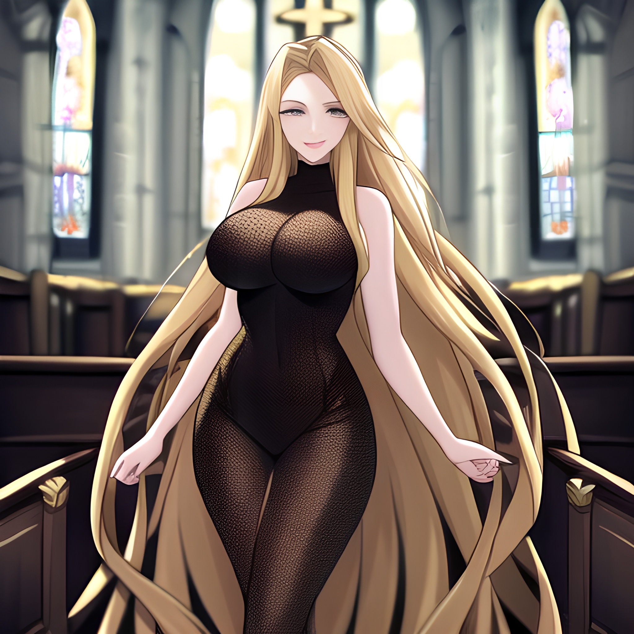 woman church blonde fishnet long hair 