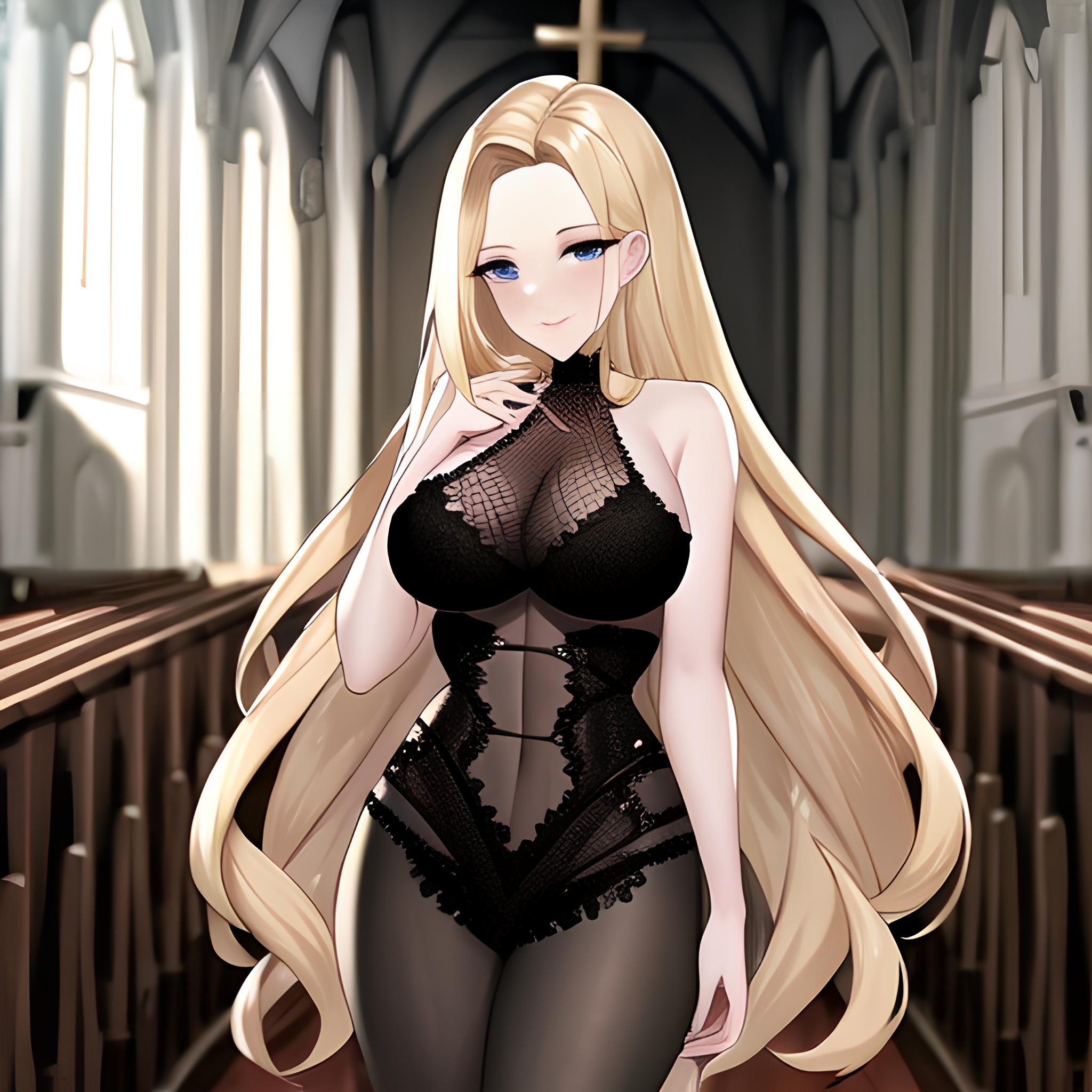 woman church blonde long hair fishnet 