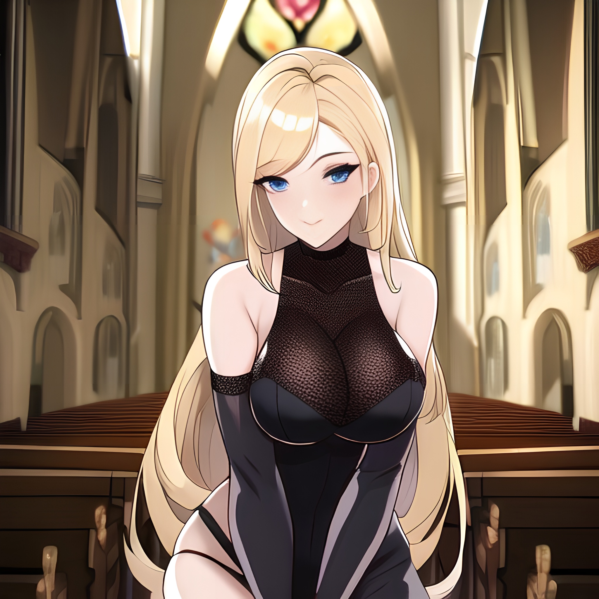 woman church blonde long hair fishnet 