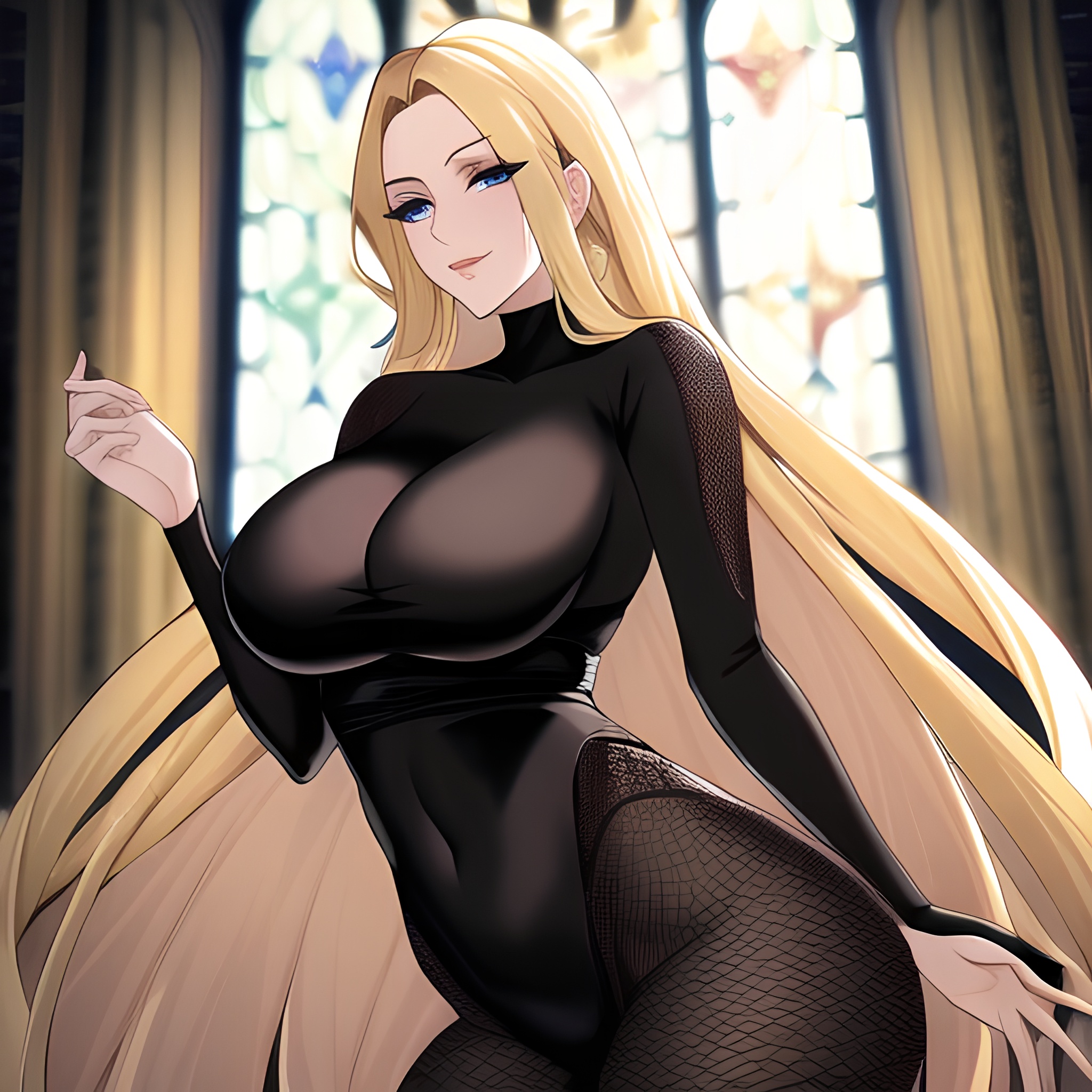 woman church blonde long hair fishnet 