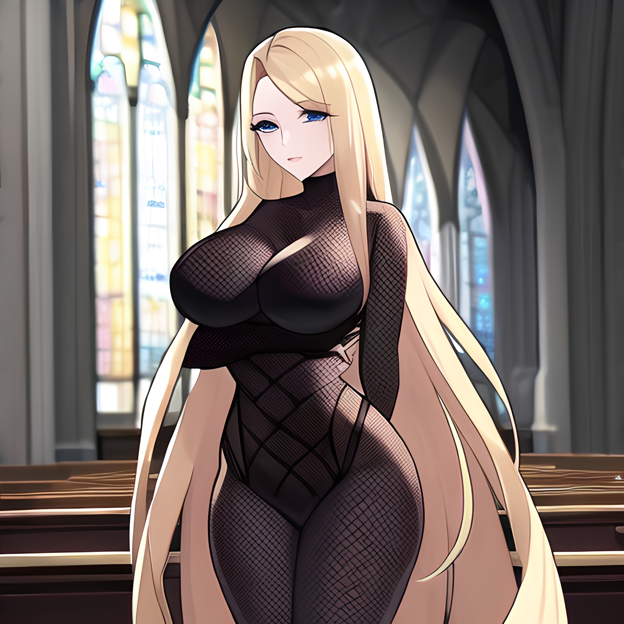 woman church blonde long hair fishnet 