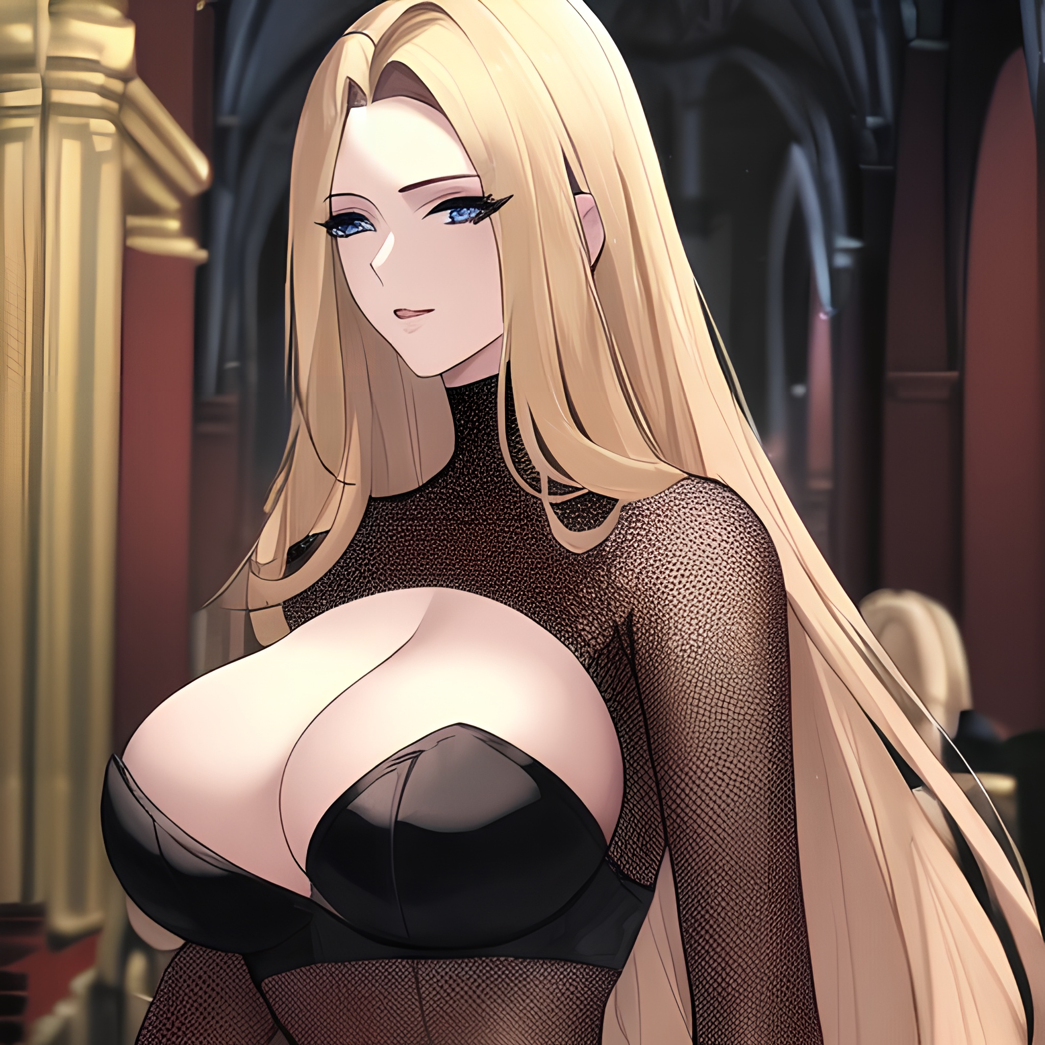 woman church blonde small boobs fishnet long hair front view nude 