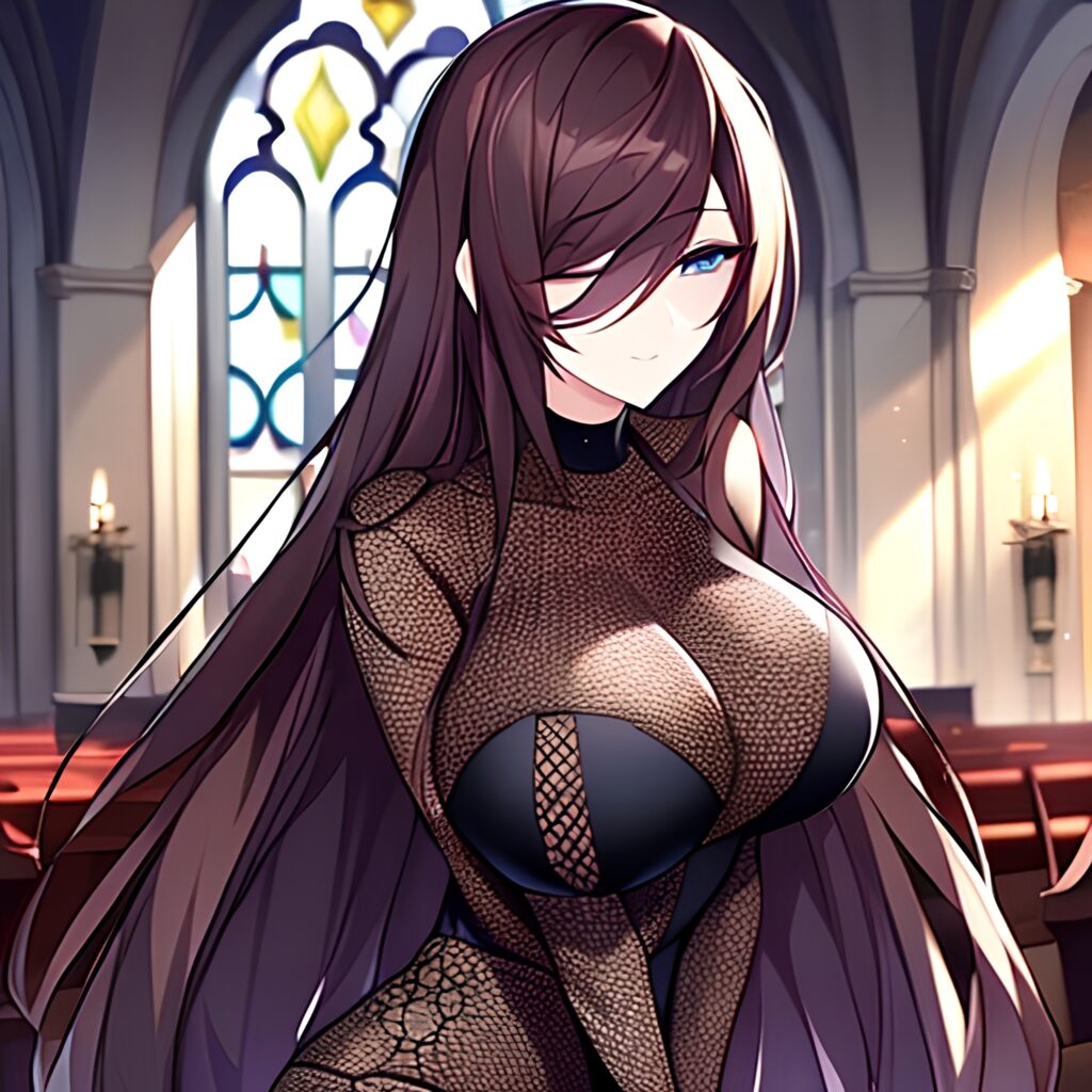 woman church brunette fishnet long hair messy hair 