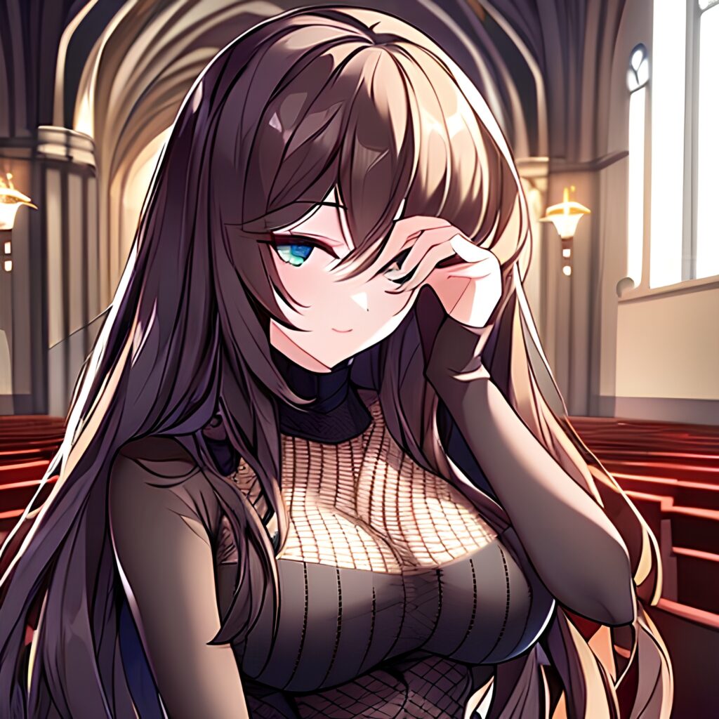 woman church brunette fishnet long hair messy hair 