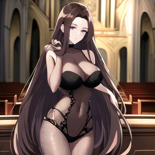 woman church brunette fishnet long hair messy hair