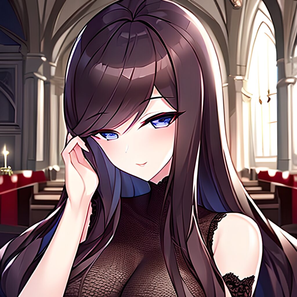 woman church brunette long hair fishnet messy hair 