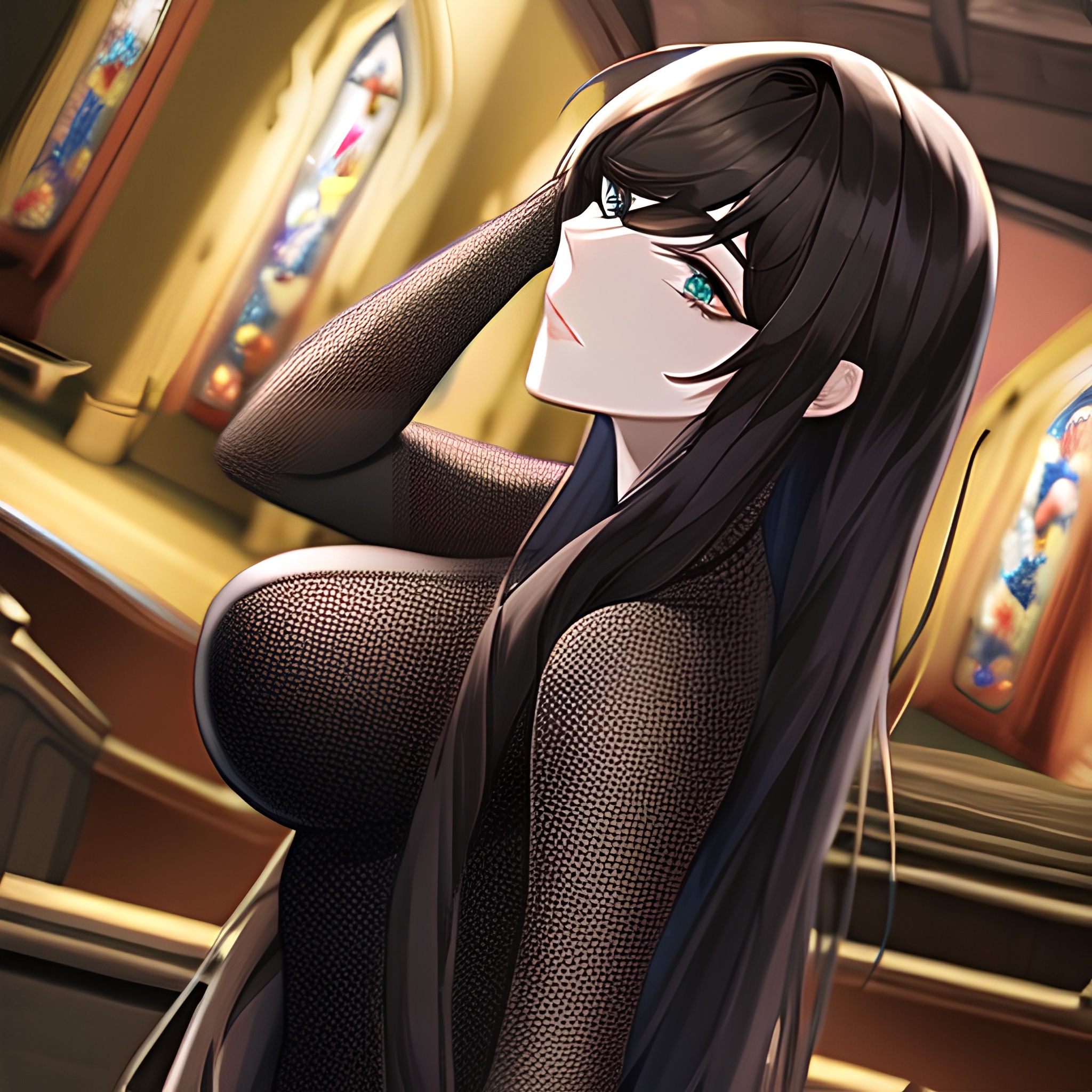 woman church brunette long hair fishnet messy hair 