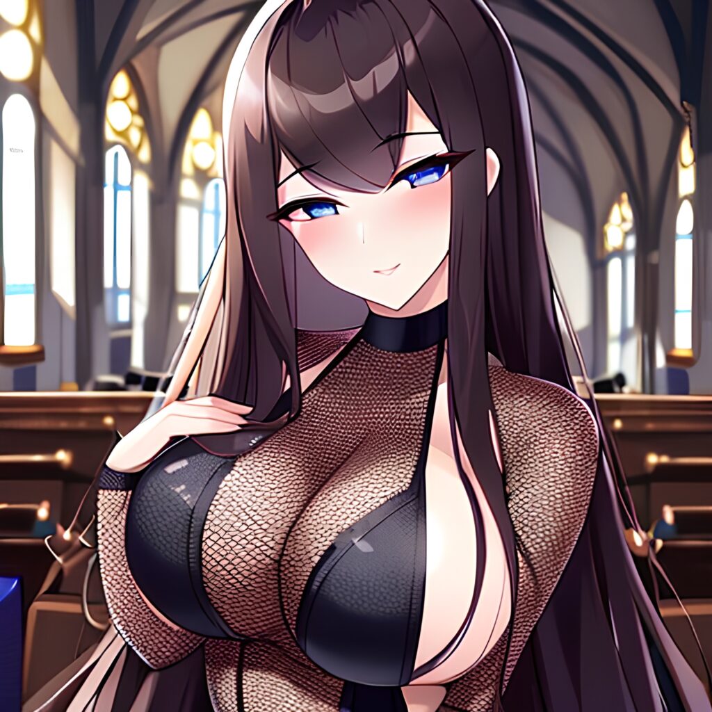 woman church brunette long hair messy hair fishnet 