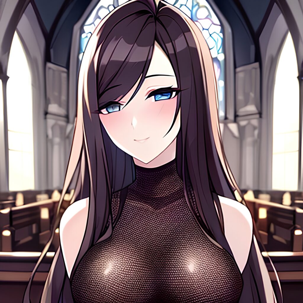 woman church brunette messy hair fishnet long hair 