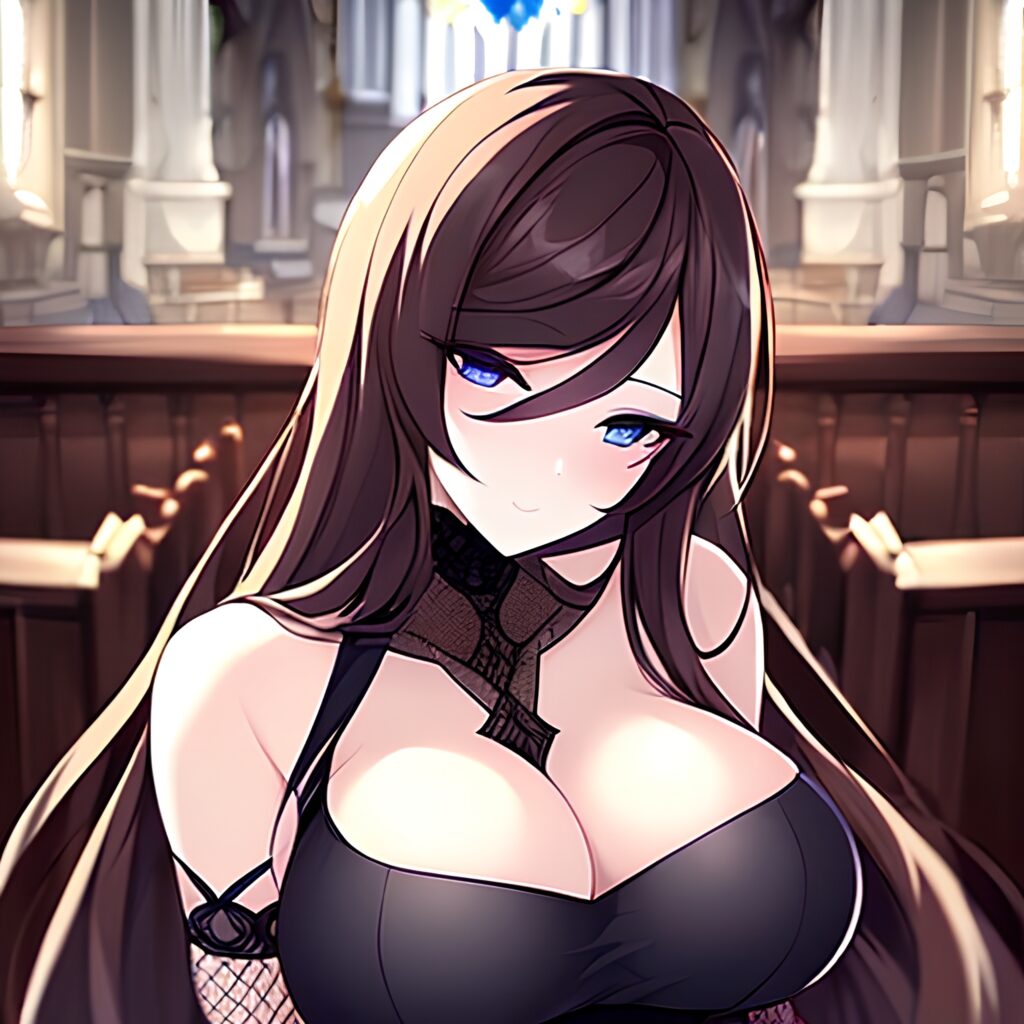 woman church brunette messy hair fishnet long hair 