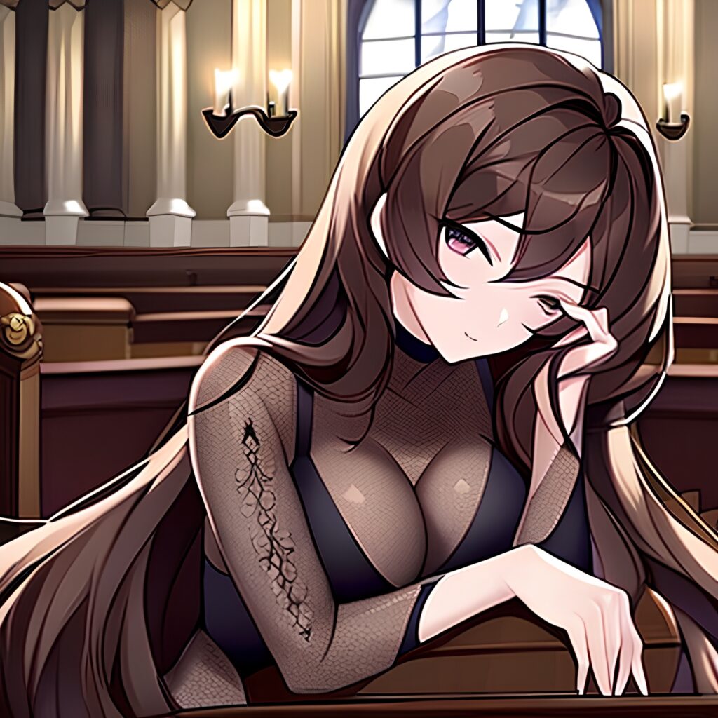 woman church brunette messy hair long hair fishnet