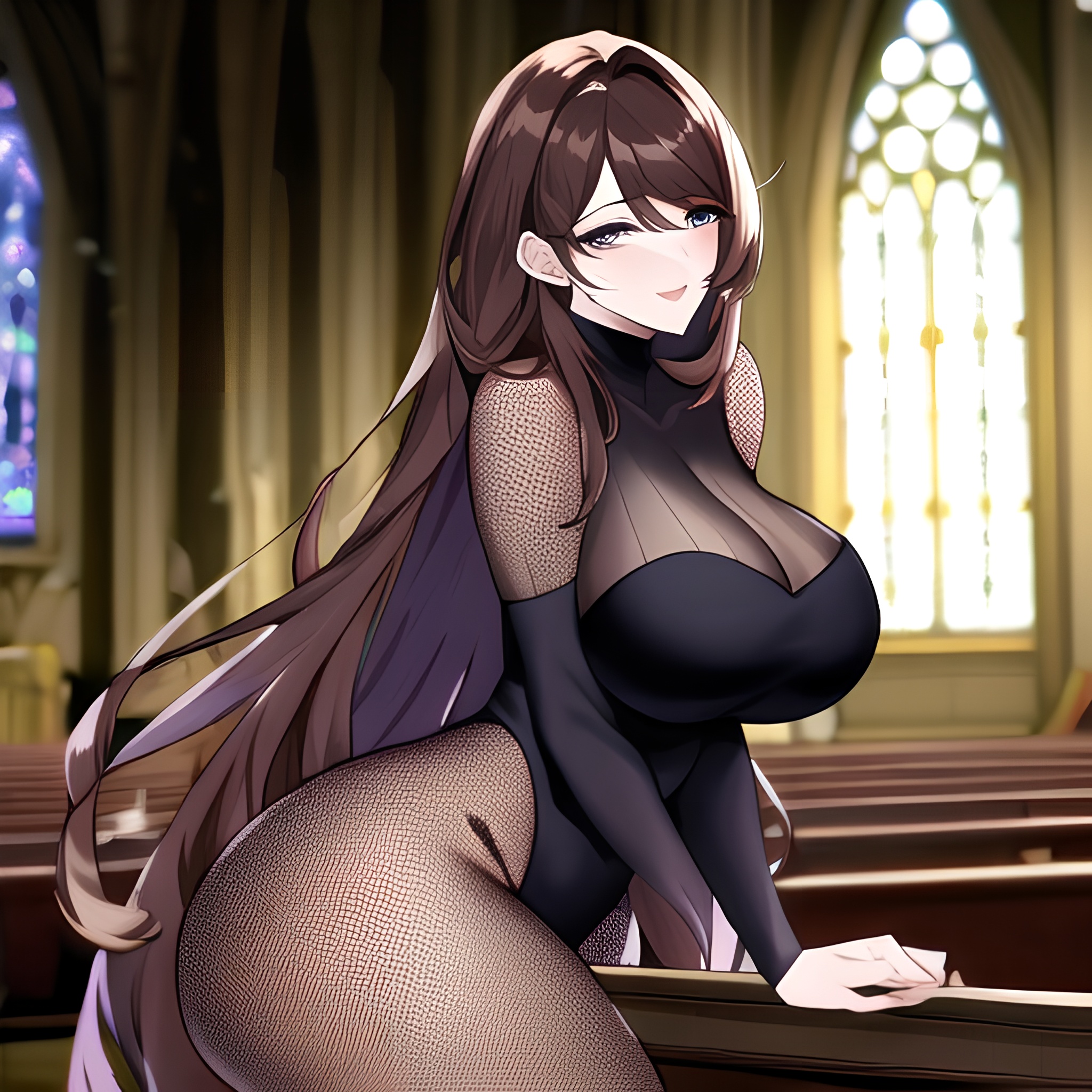 woman church brunette messy hair long hair fishnet