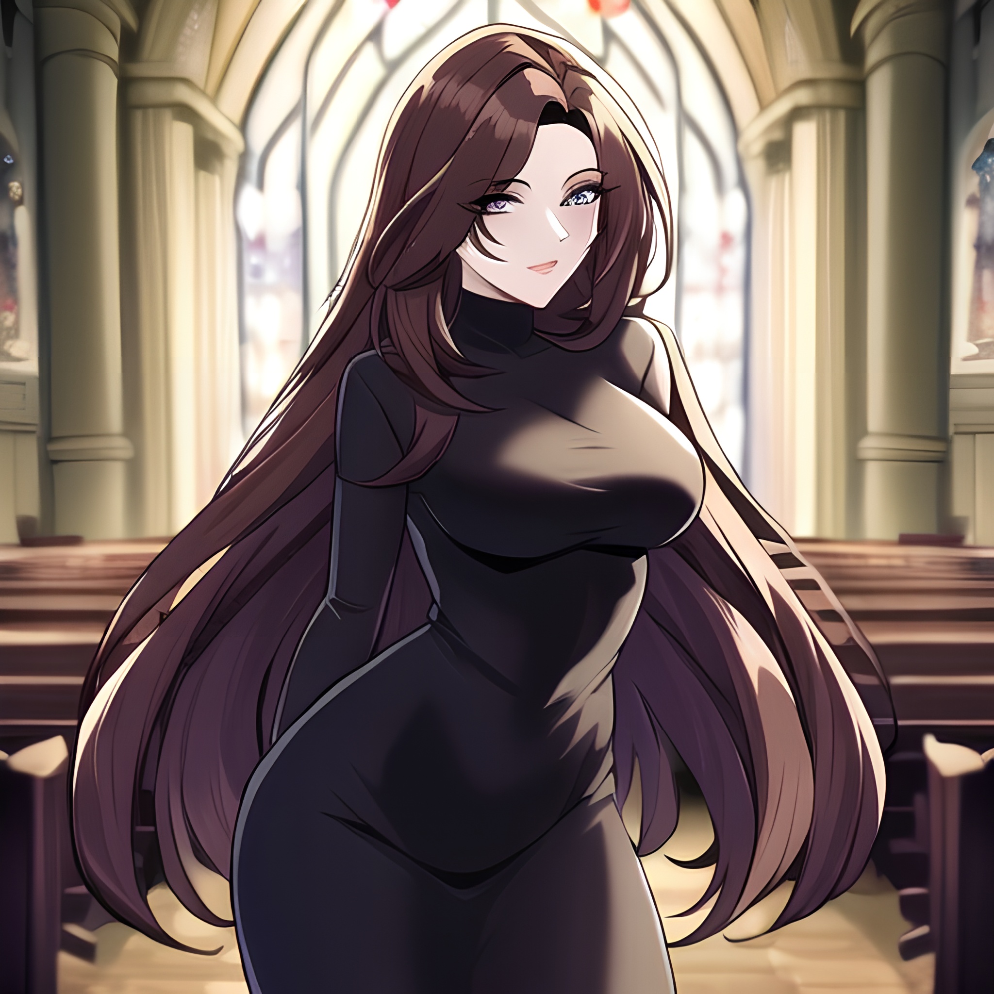 woman church brunette messy hair long hair fishnet 