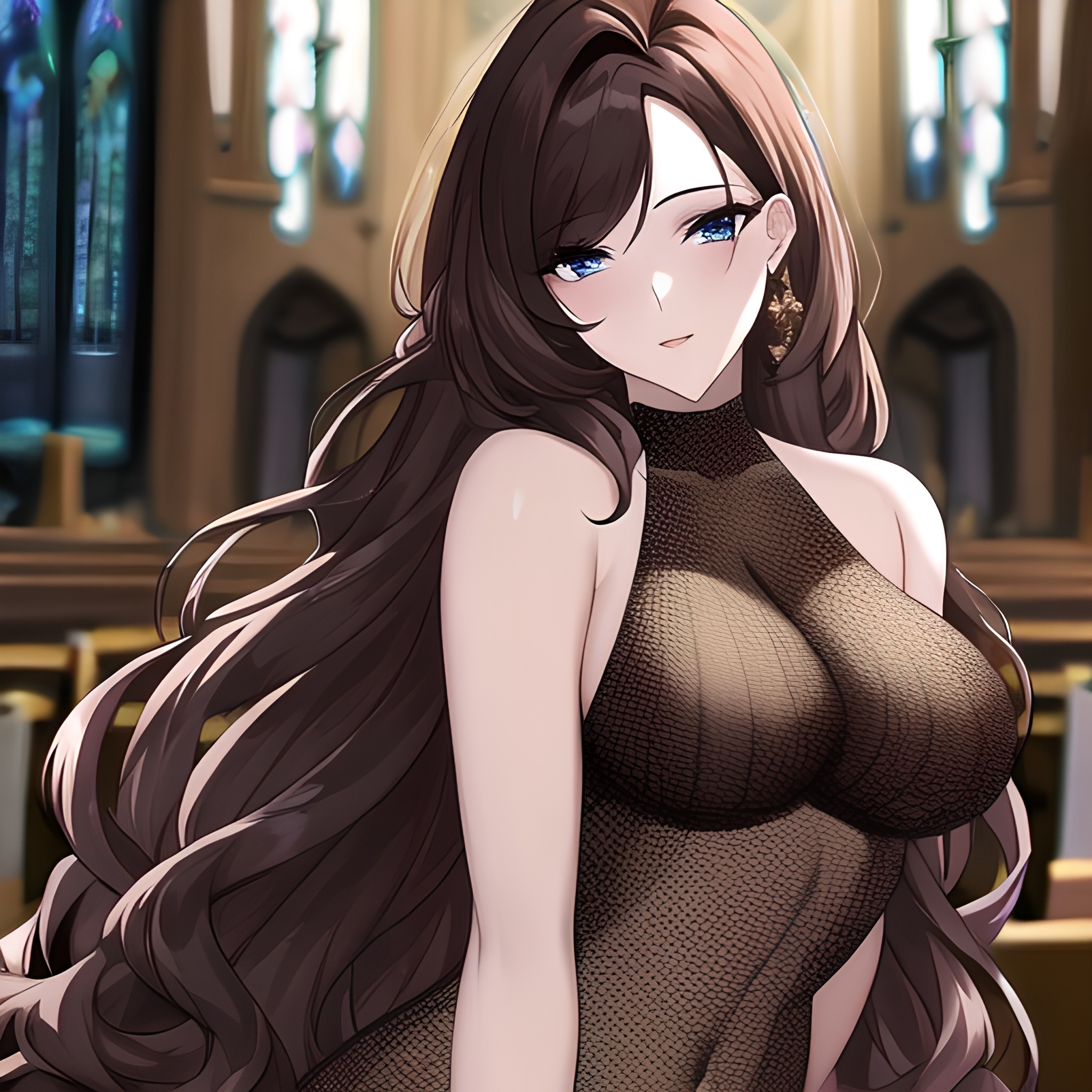 woman church brunette messy hair long hair fishnet 