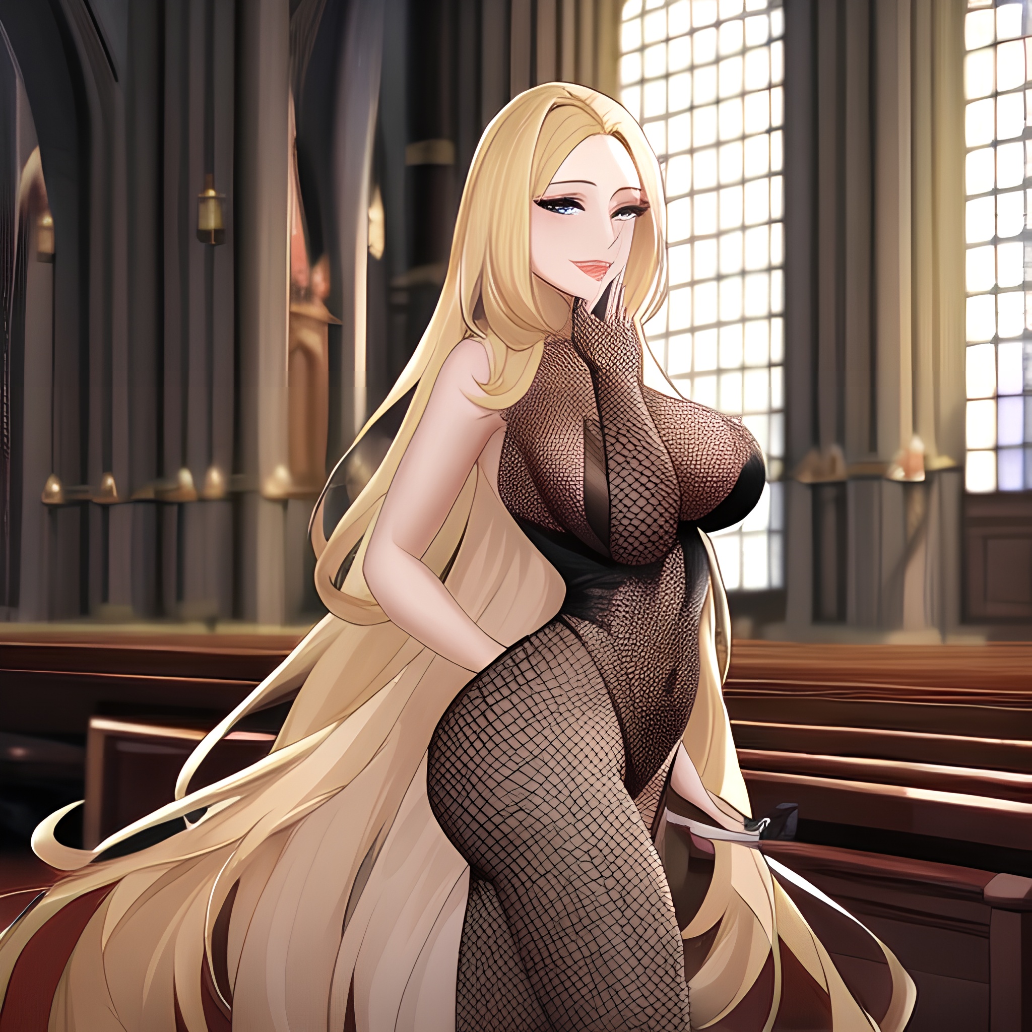 woman church fishnet blonde long hair 