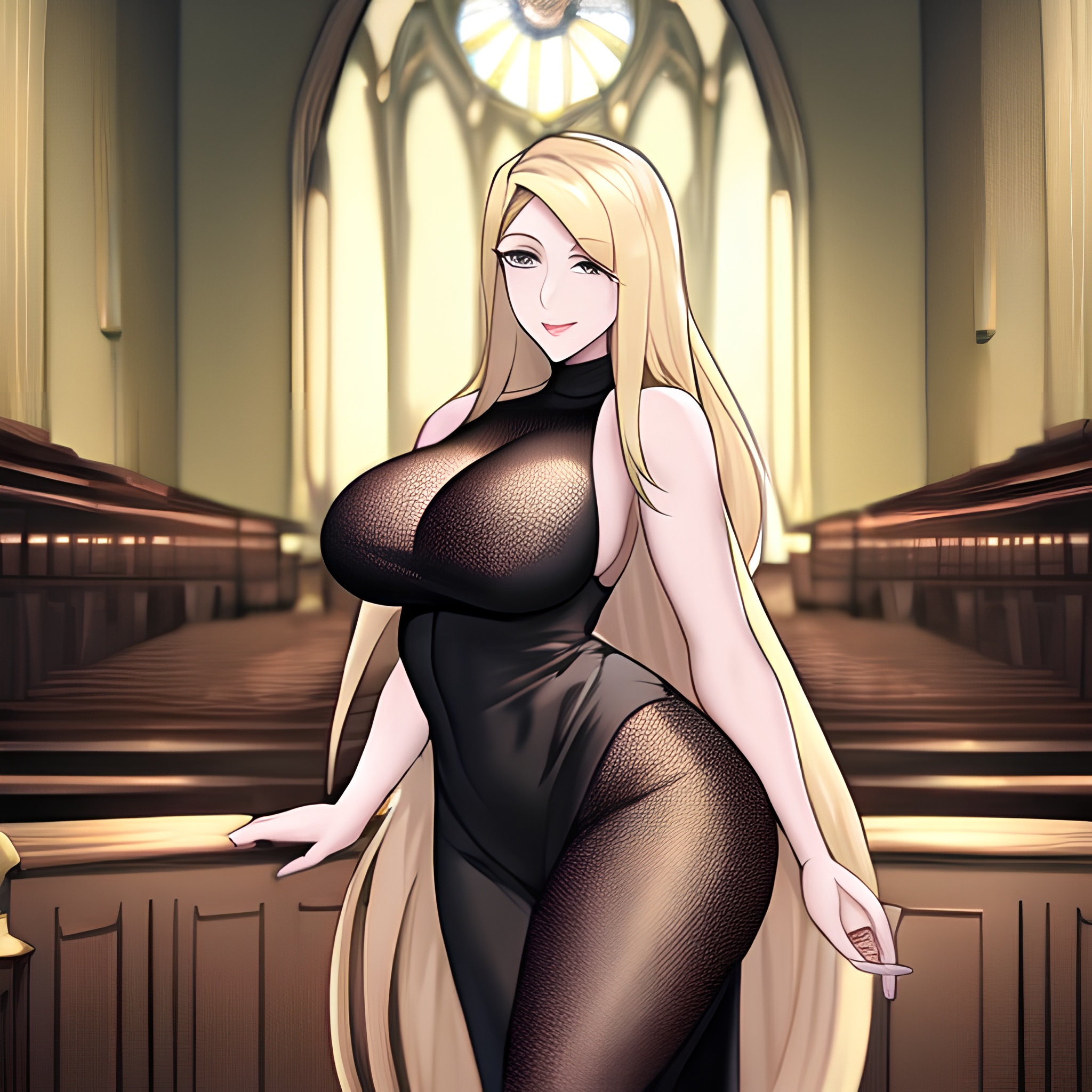 woman church fishnet blonde long hair