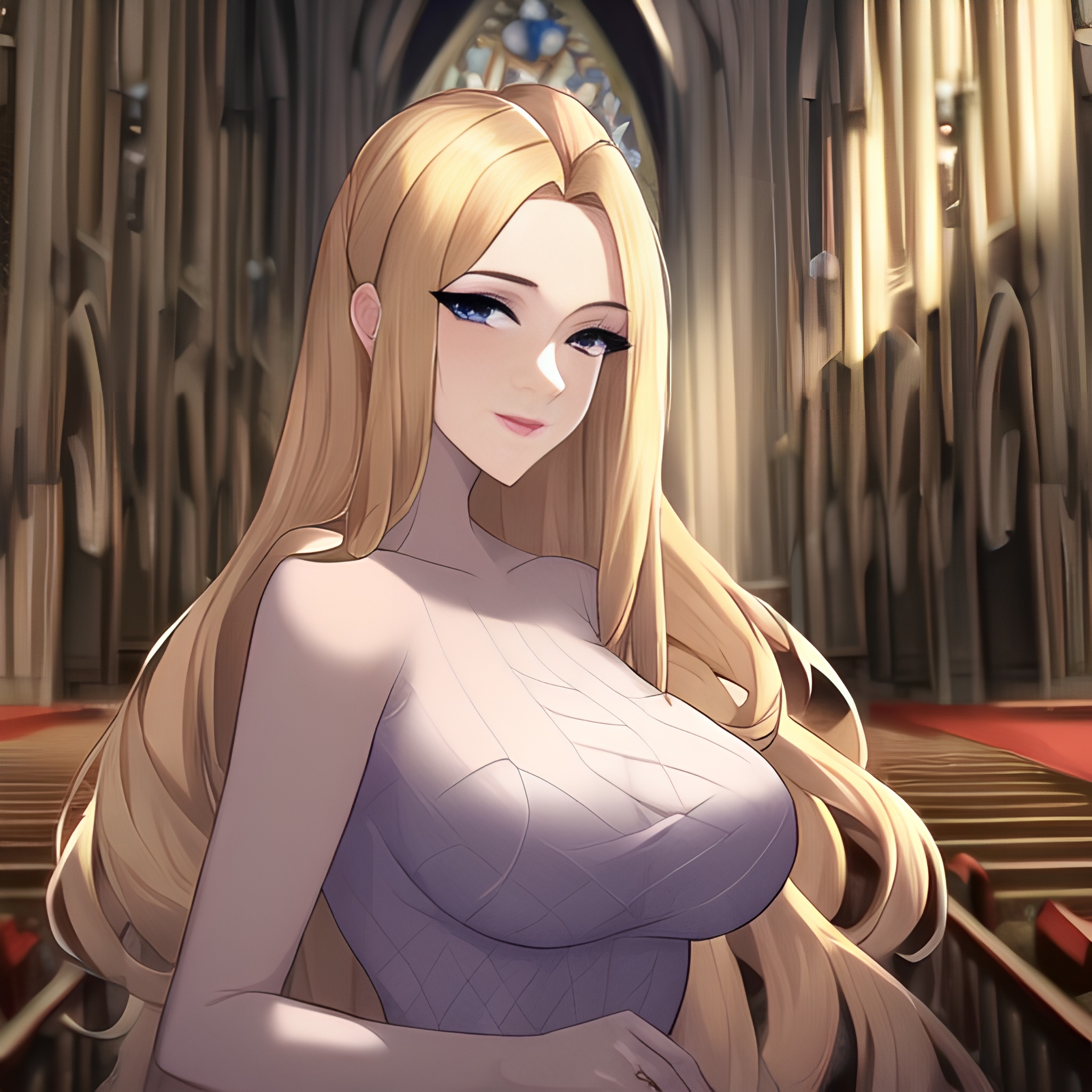 woman church fishnet blonde nude front view small boobs long hair 