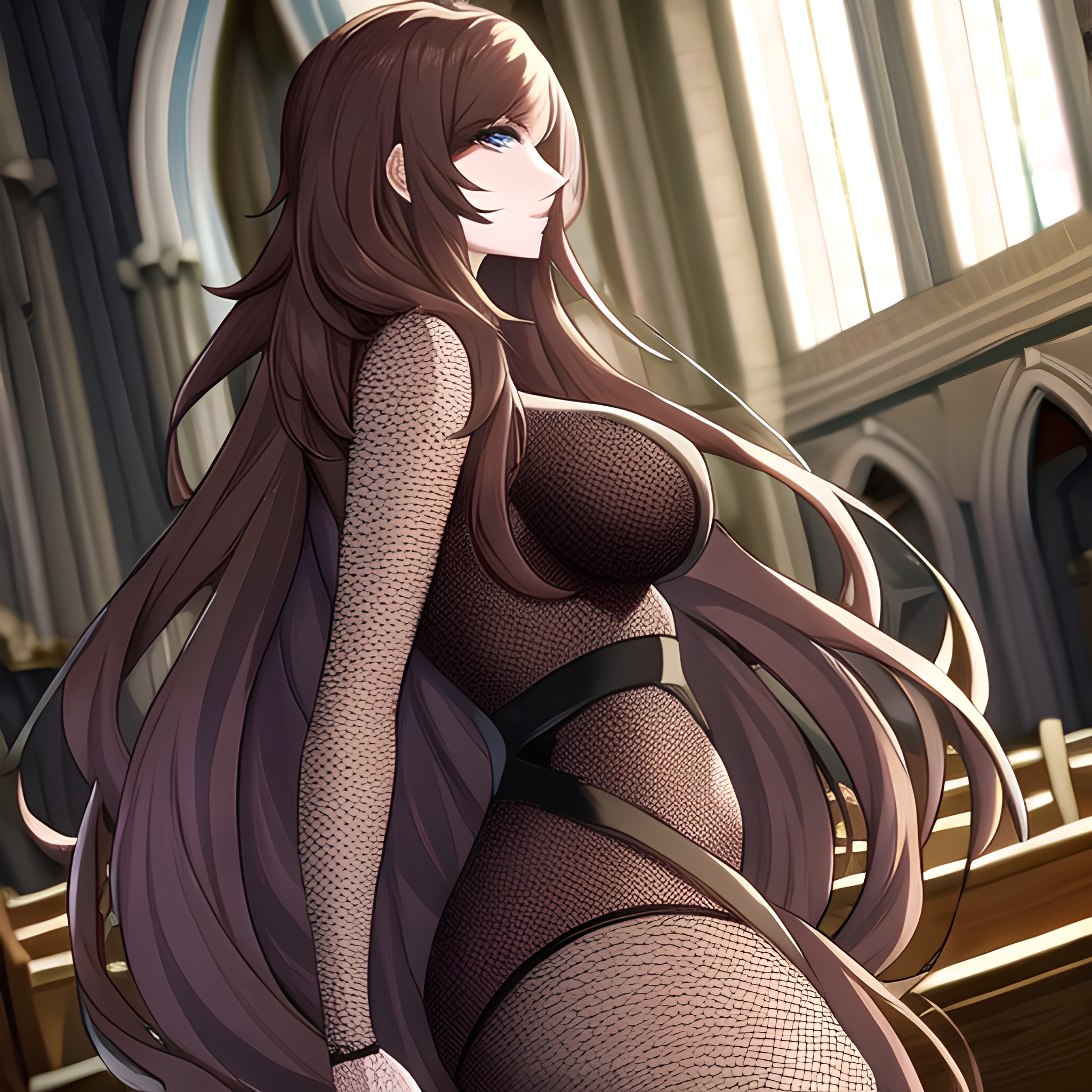 woman church fishnet brunette long hair messy hair 