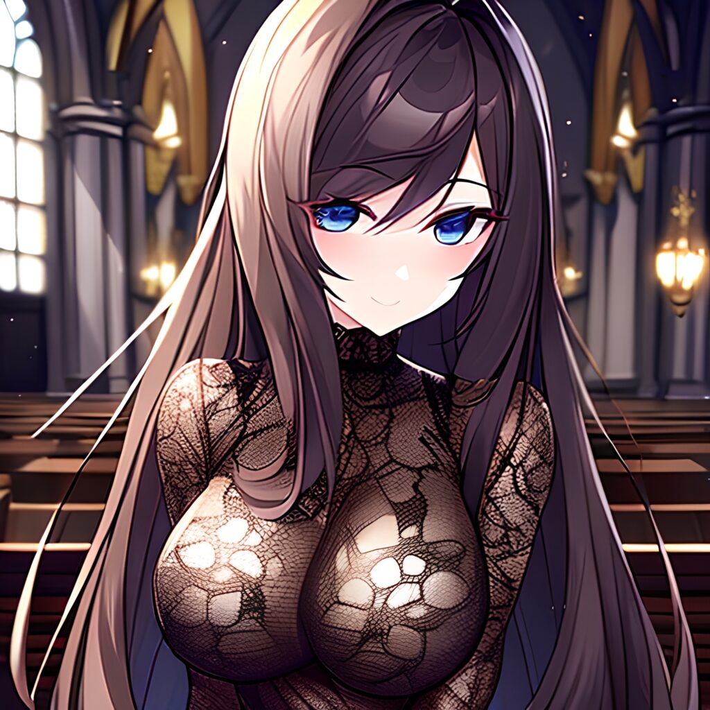 woman church fishnet brunette messy hair long hair 