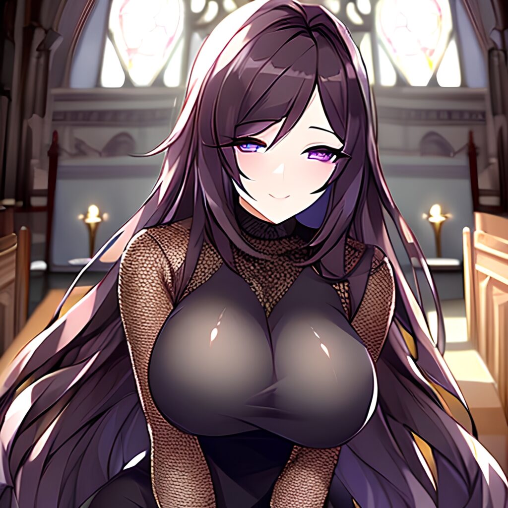 woman church fishnet brunette messy hair long hair 