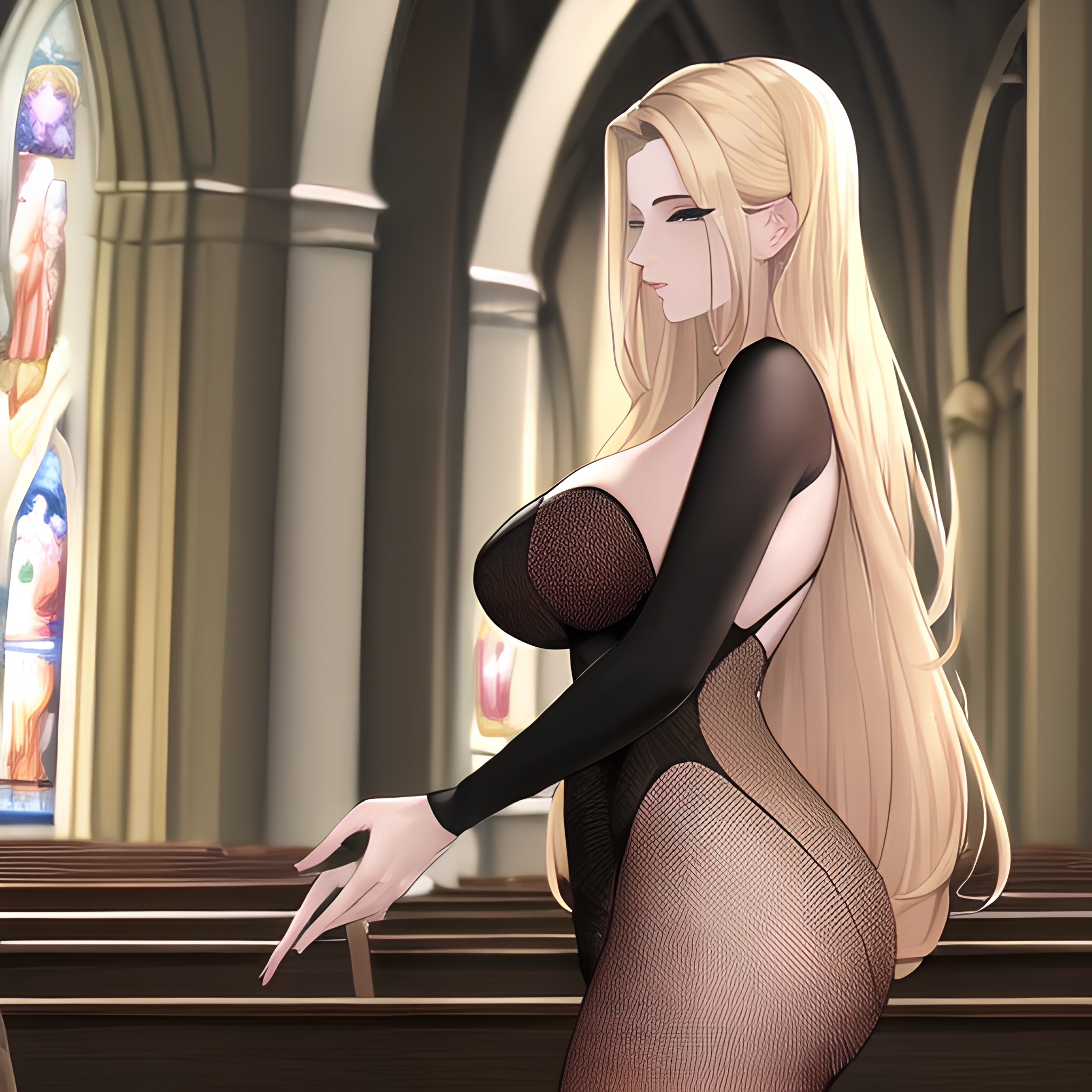 woman church fishnet front view small boobs long hair blonde nude 