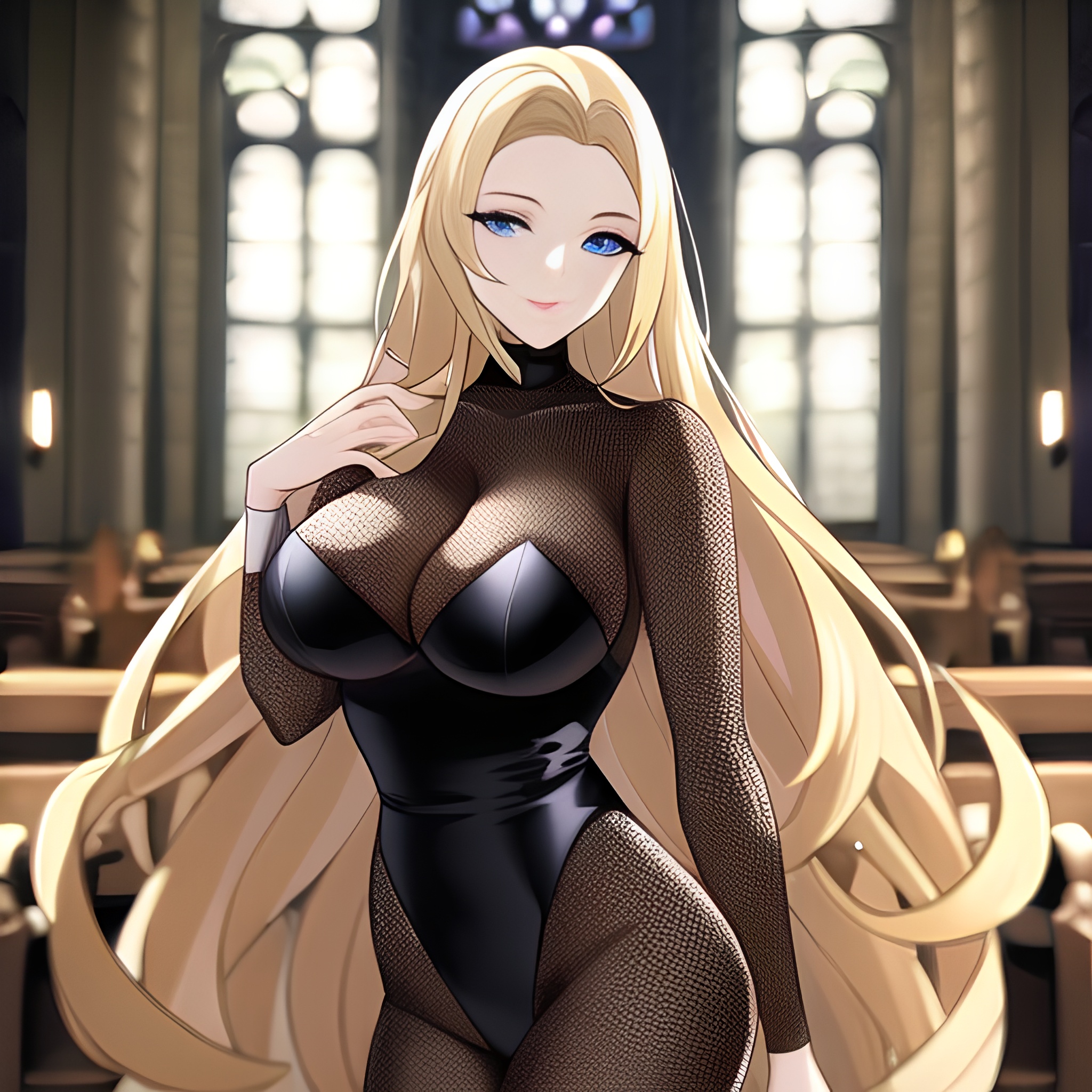 woman church fishnet long hair blonde