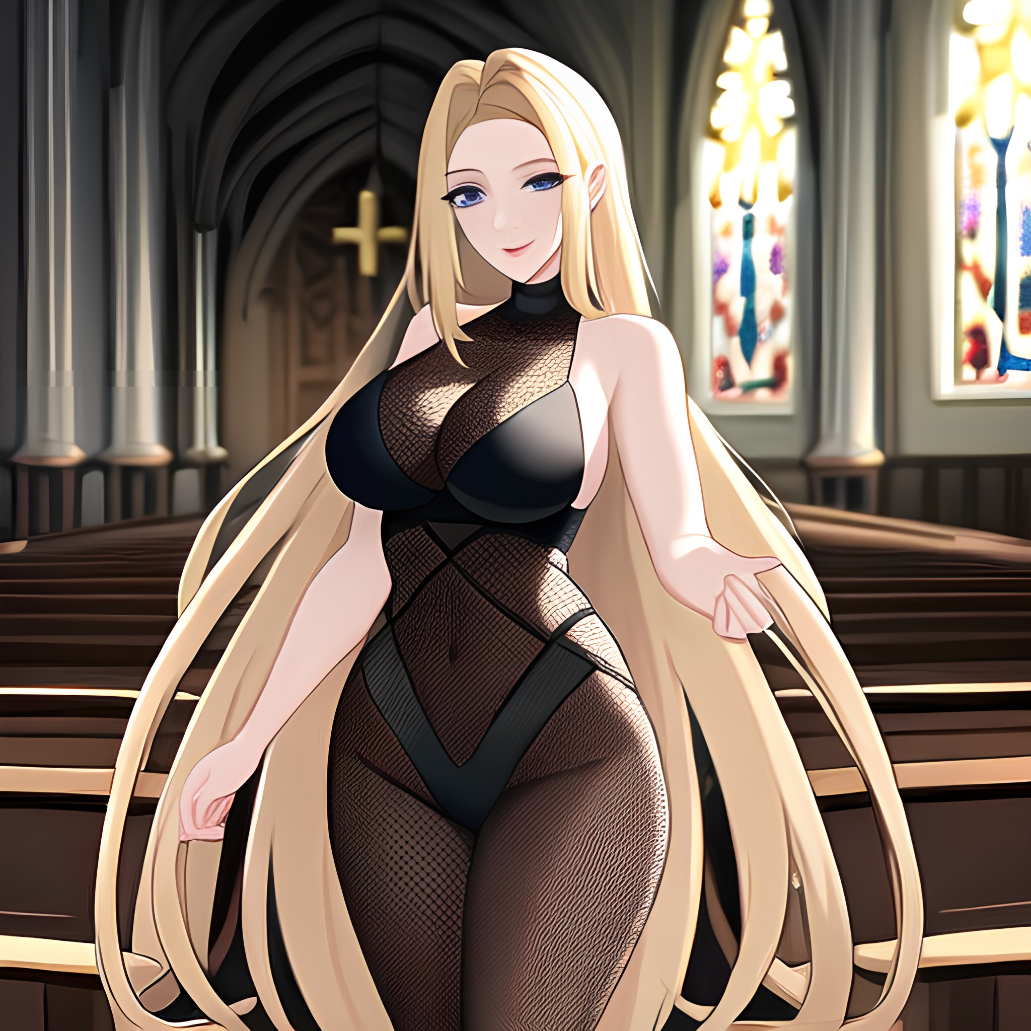 woman church fishnet long hair blonde