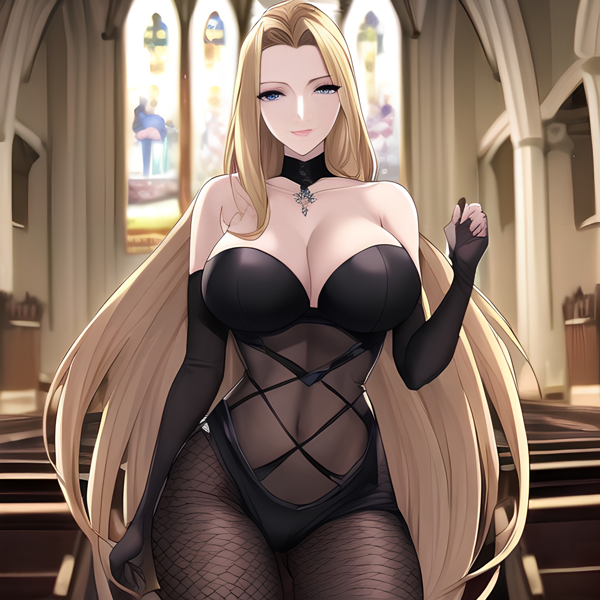 woman church fishnet long hair blonde nude front view small boobs 