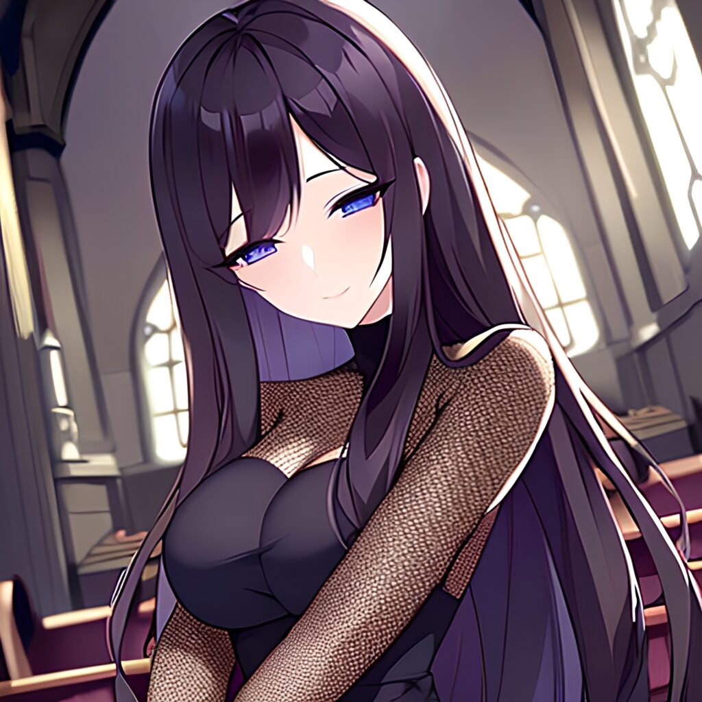 woman church fishnet long hair brunette messy hair 