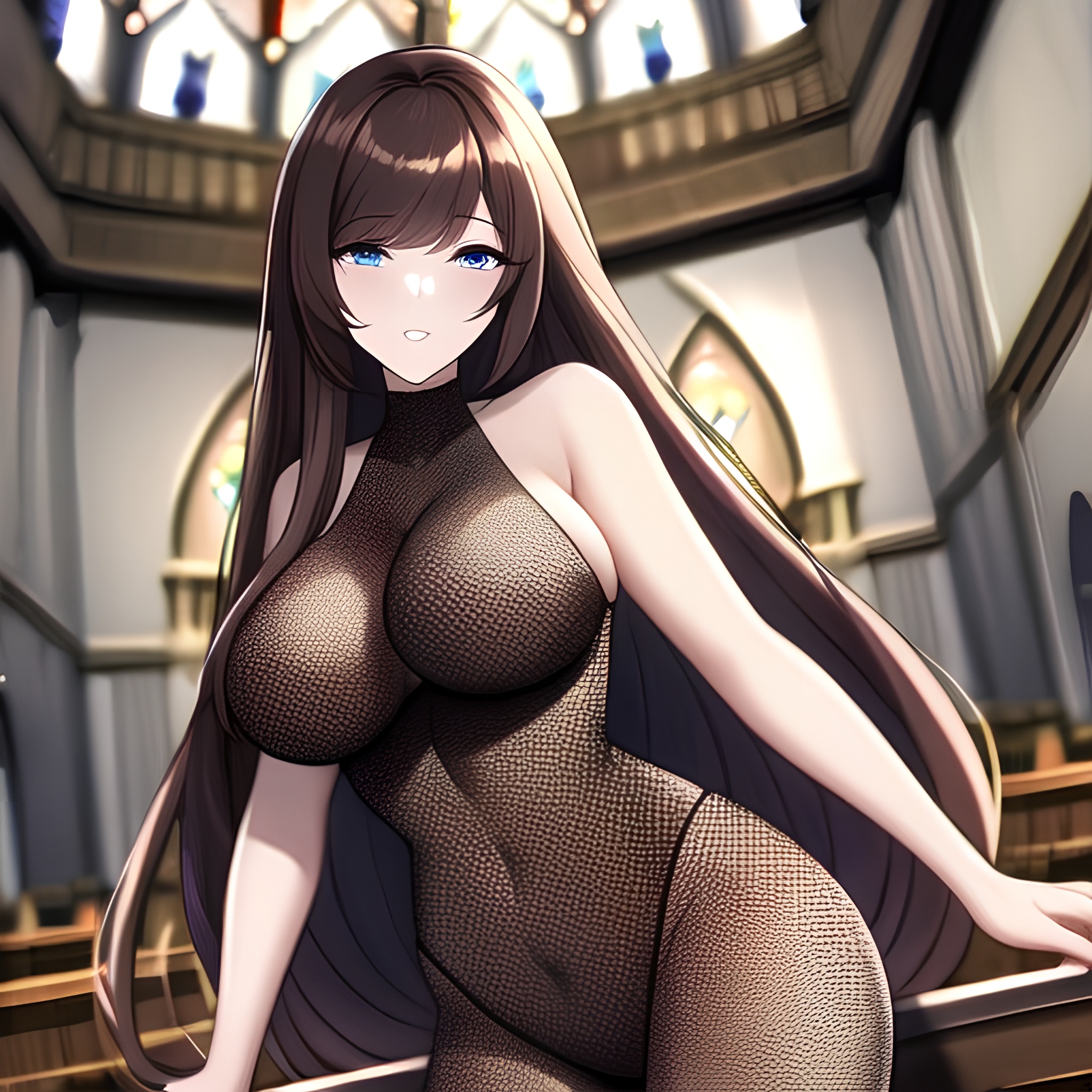 woman church fishnet long hair brunette messy hair 