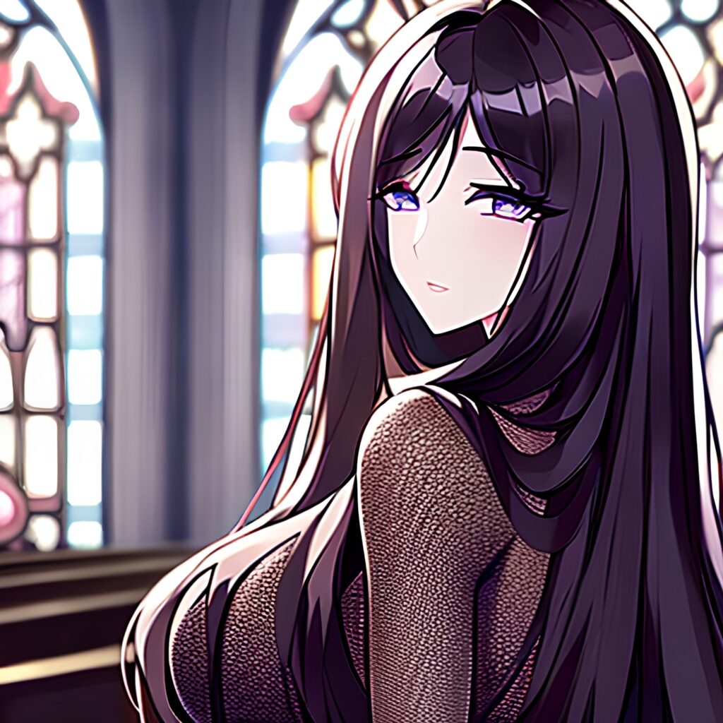 woman church fishnet long hair brunette messy hair 