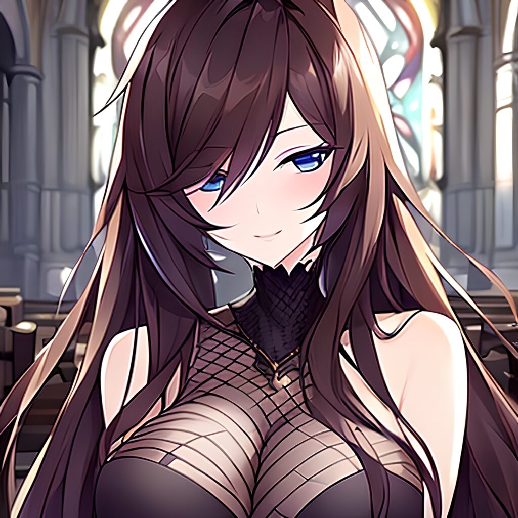 woman church fishnet long hair messy hair brunette 