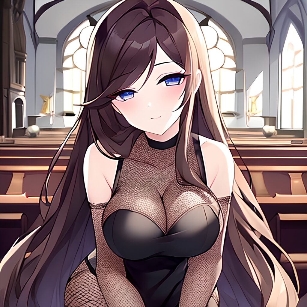 woman church fishnet long hair messy hair brunette 
