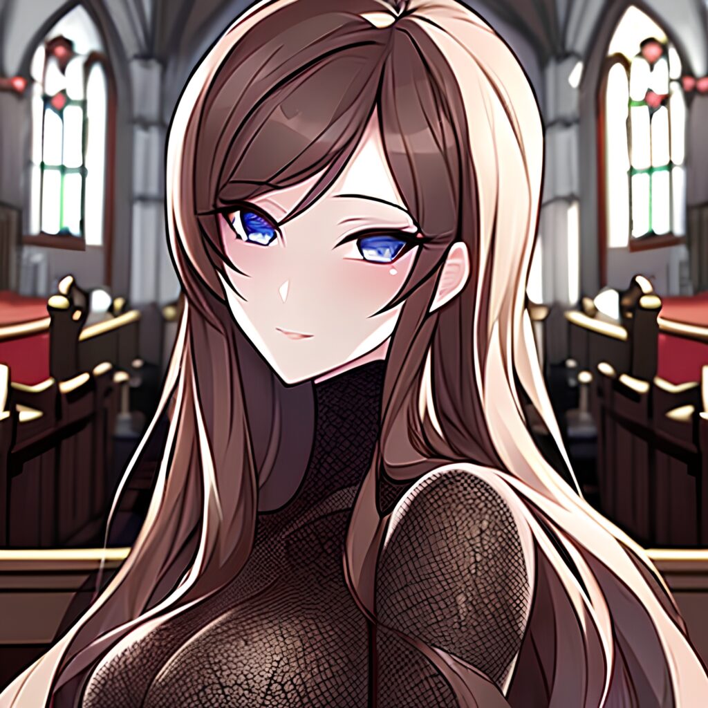 woman church fishnet long hair messy hair brunette 