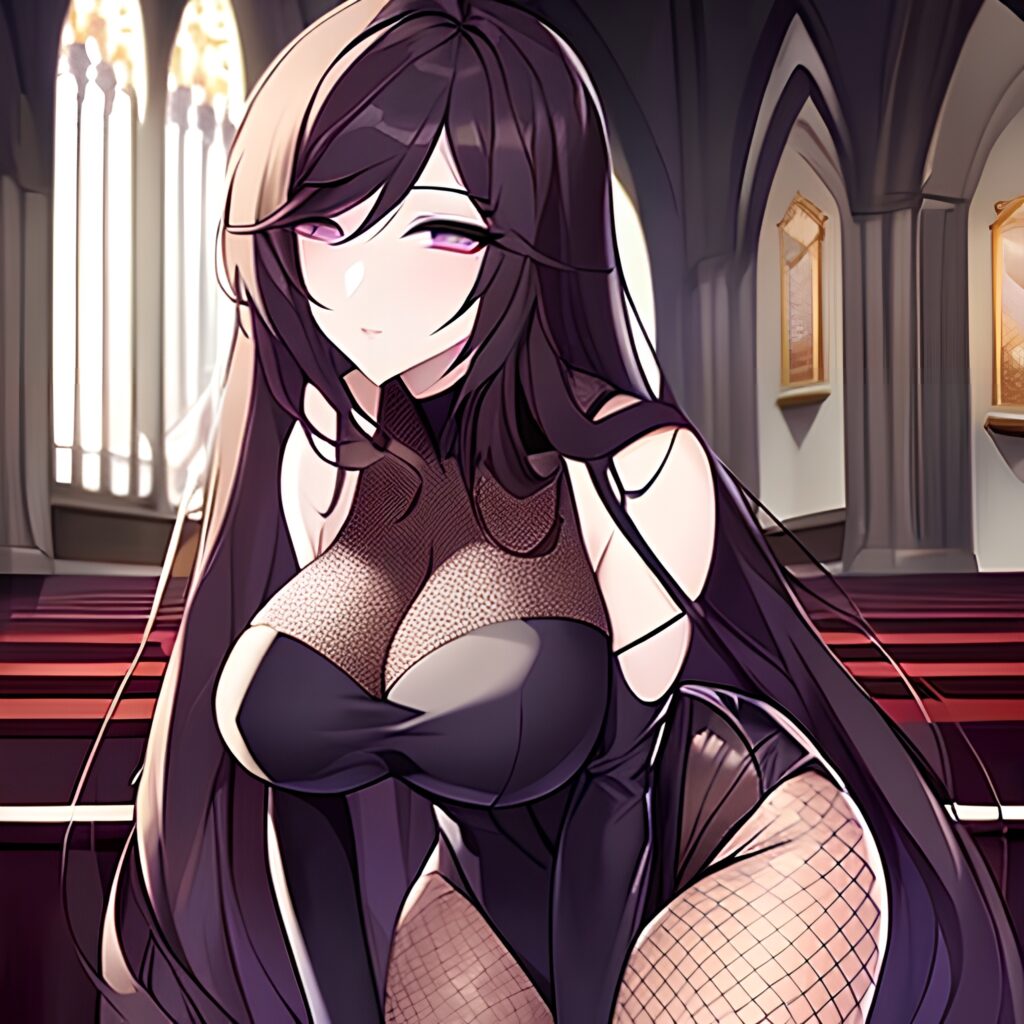 woman church fishnet long hair messy hair brunette 