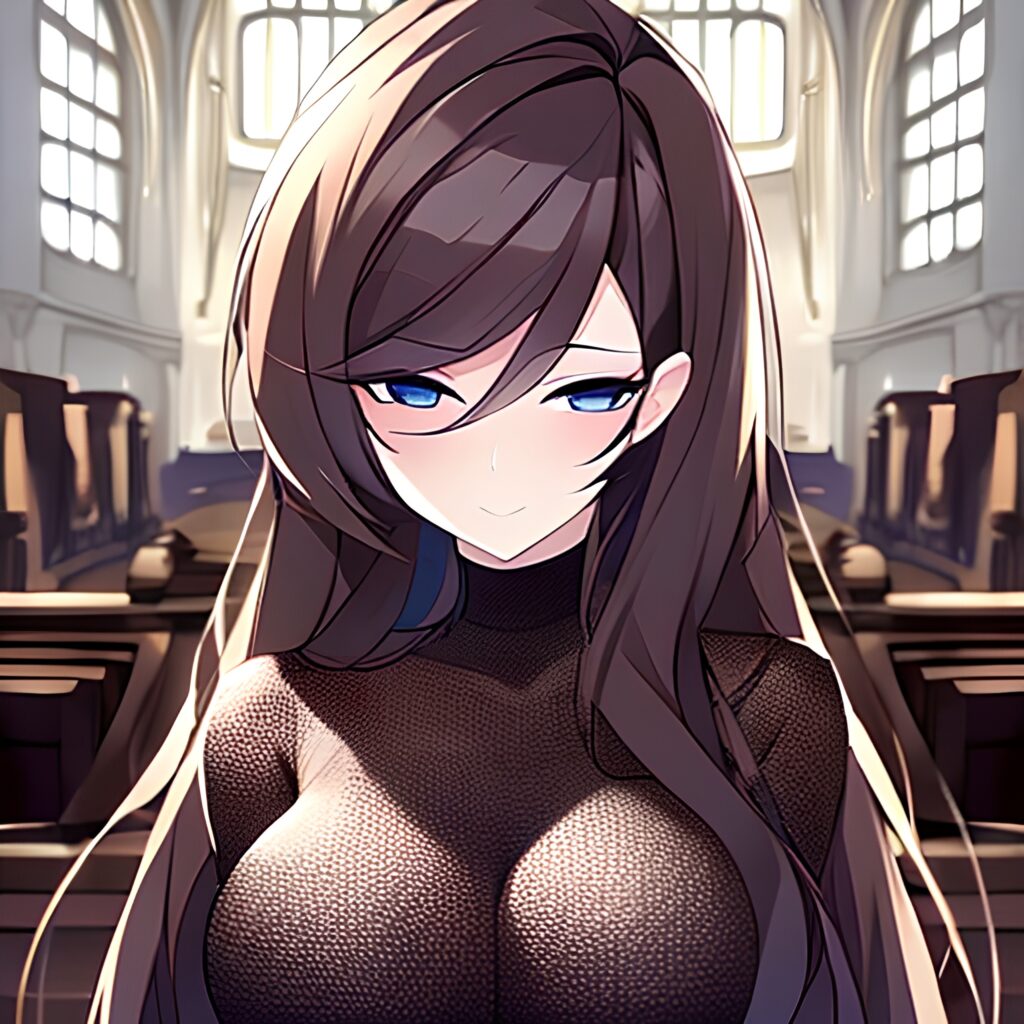 woman church fishnet long hair messy hair brunette 