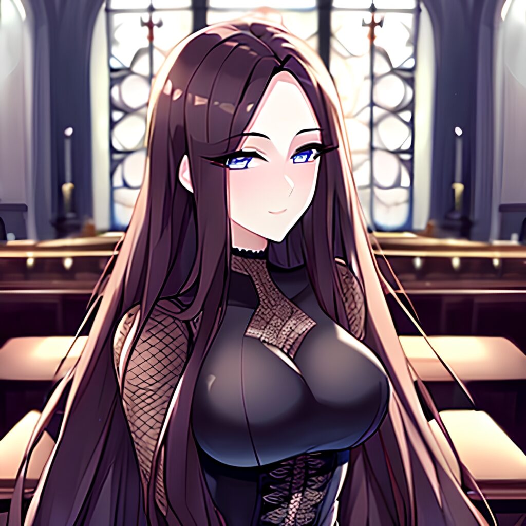woman church fishnet long hair messy hair brunette 