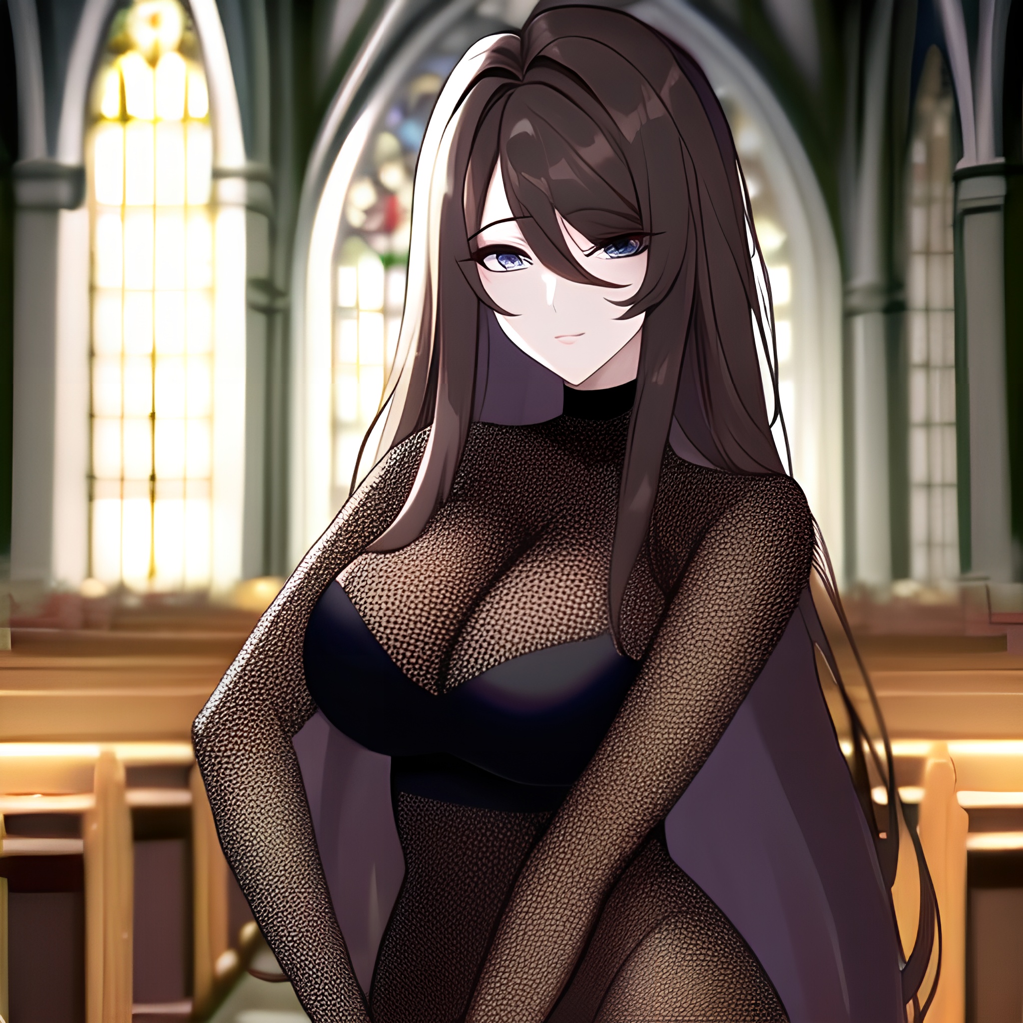 woman church fishnet messy hair brunette long hair 